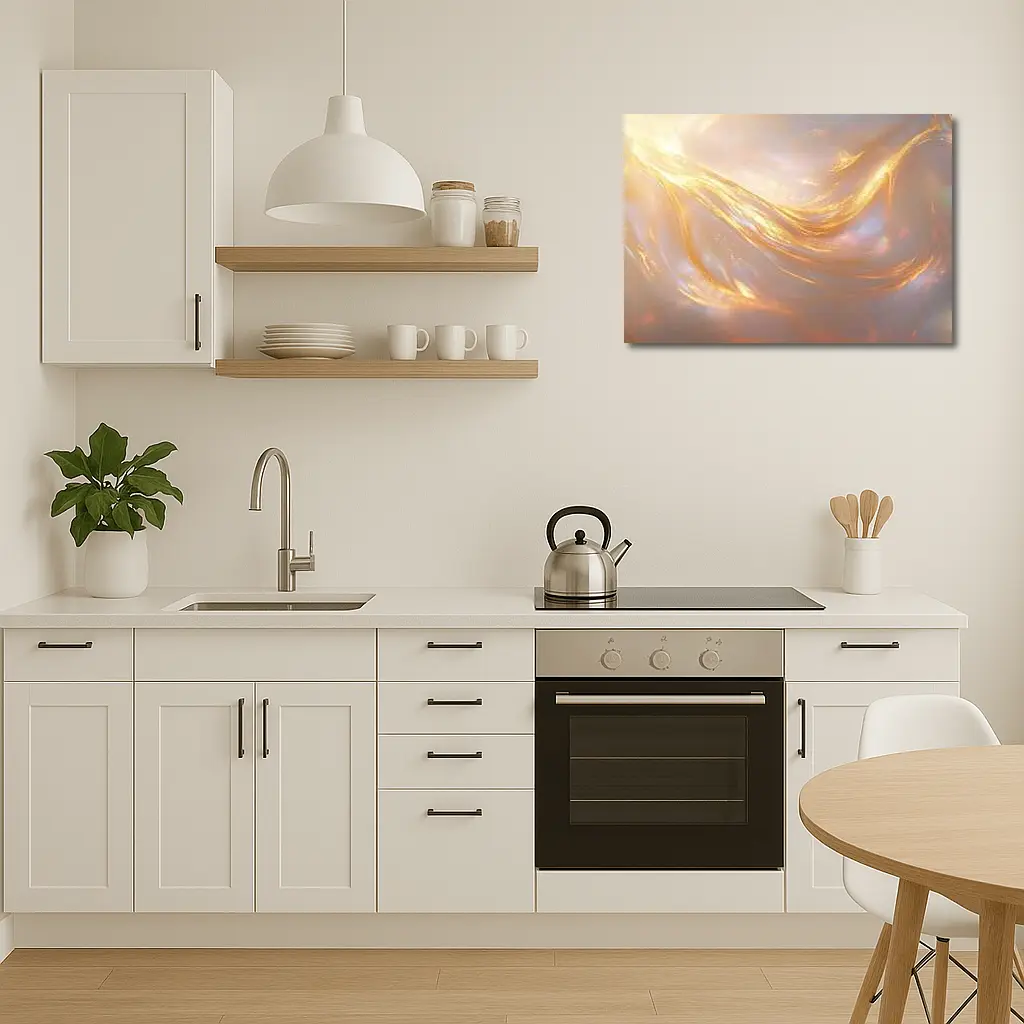 Gold Liquid Swirl Abstract Glowing Light – Wall Art