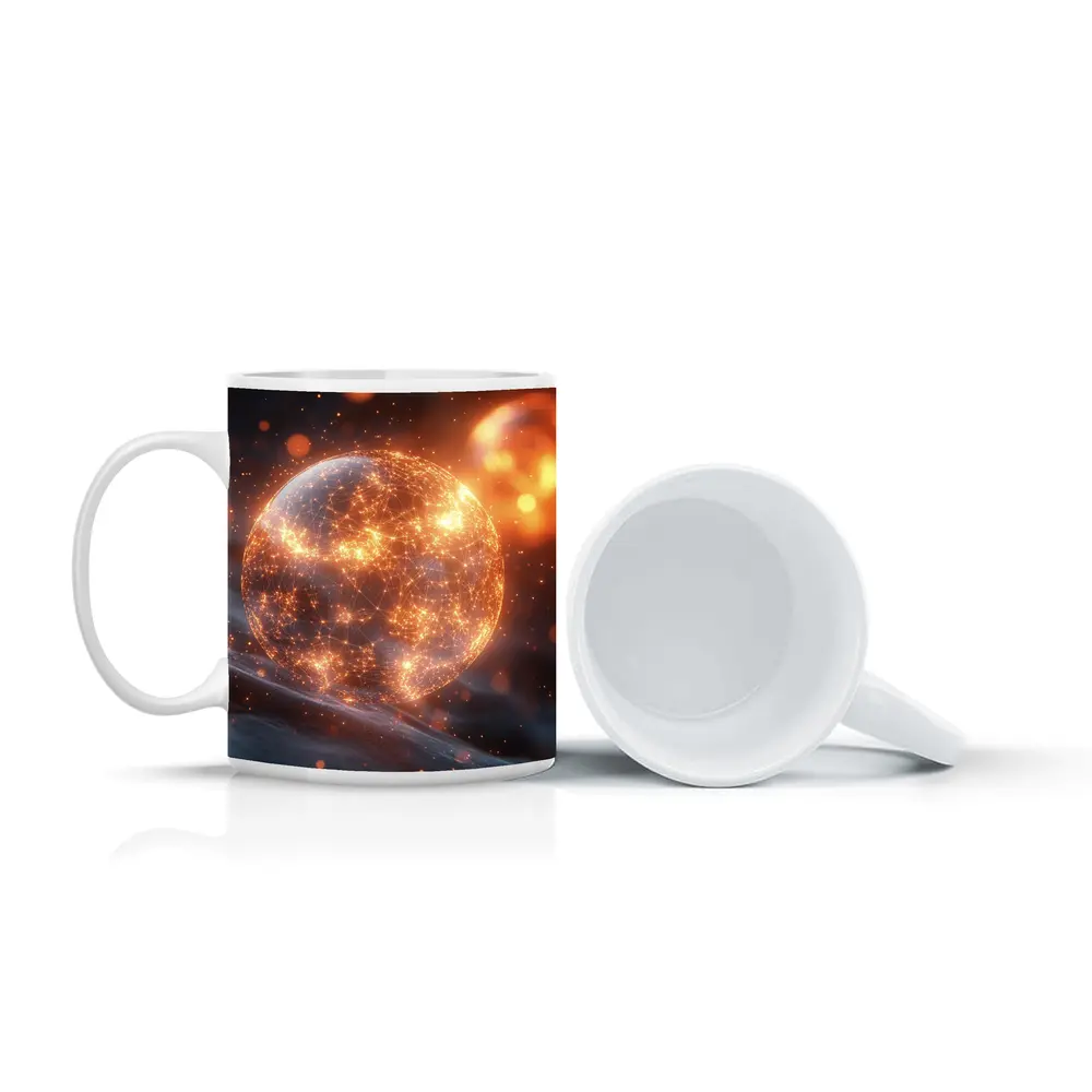 Glowing Network Sphere Dark Space Background – Mugs