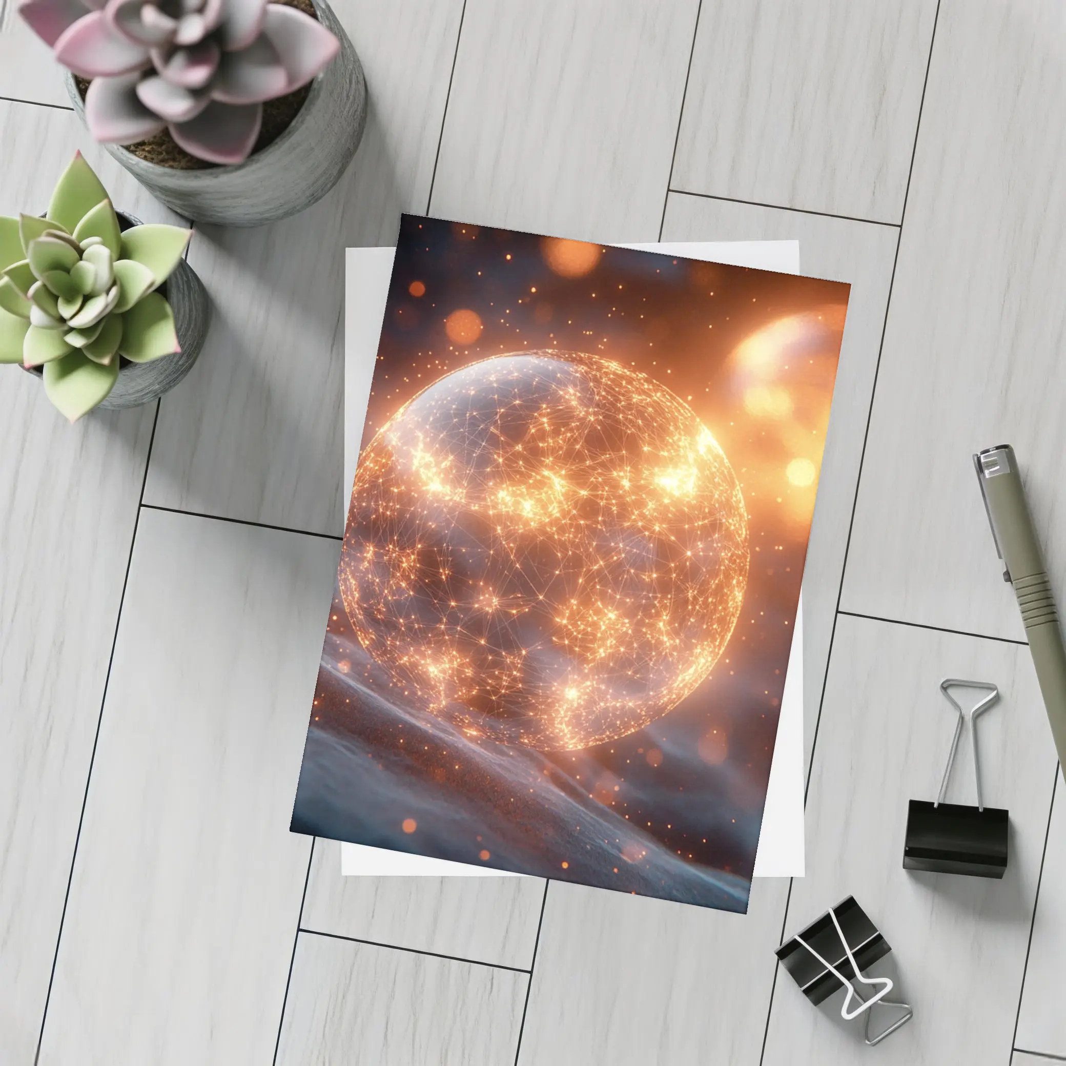 Glowing Network Sphere Dark Space Background – Postcards