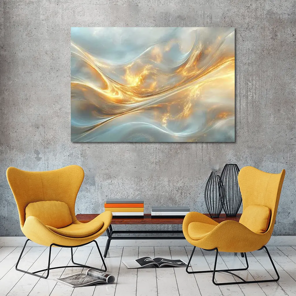 Gold and White Abstract Flowing Waves Art – Wall Art