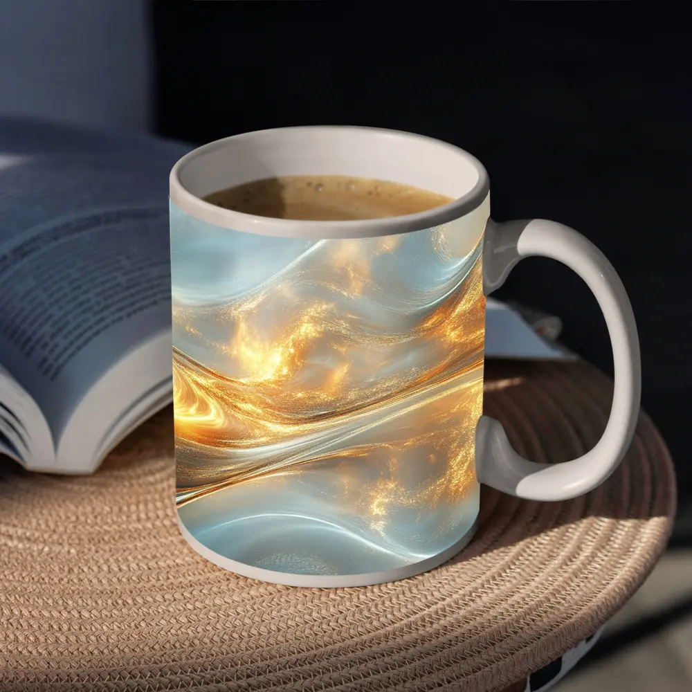 Gold and White Abstract Flowing Waves Art – Mugs