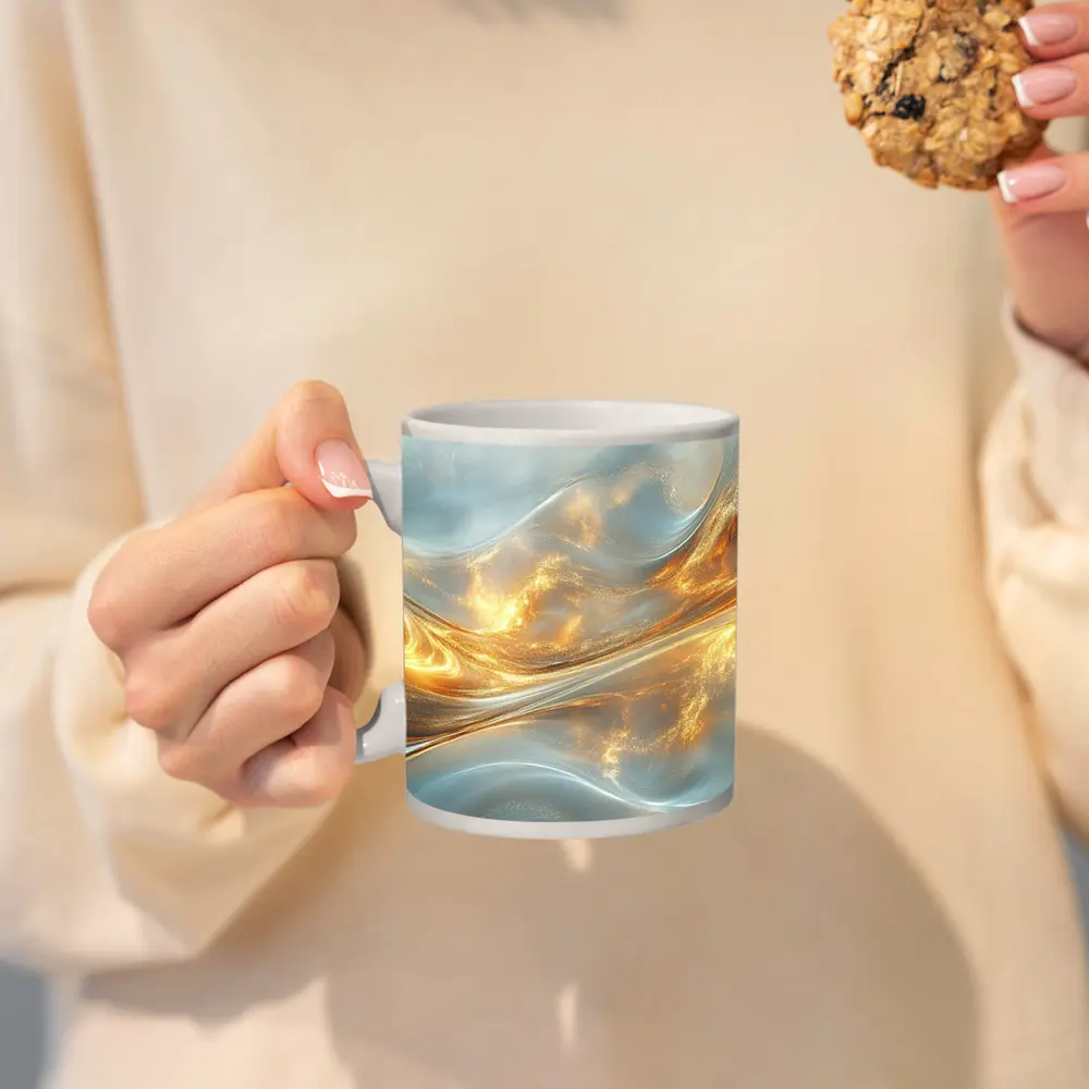 Gold and White Abstract Flowing Waves Art – Mugs