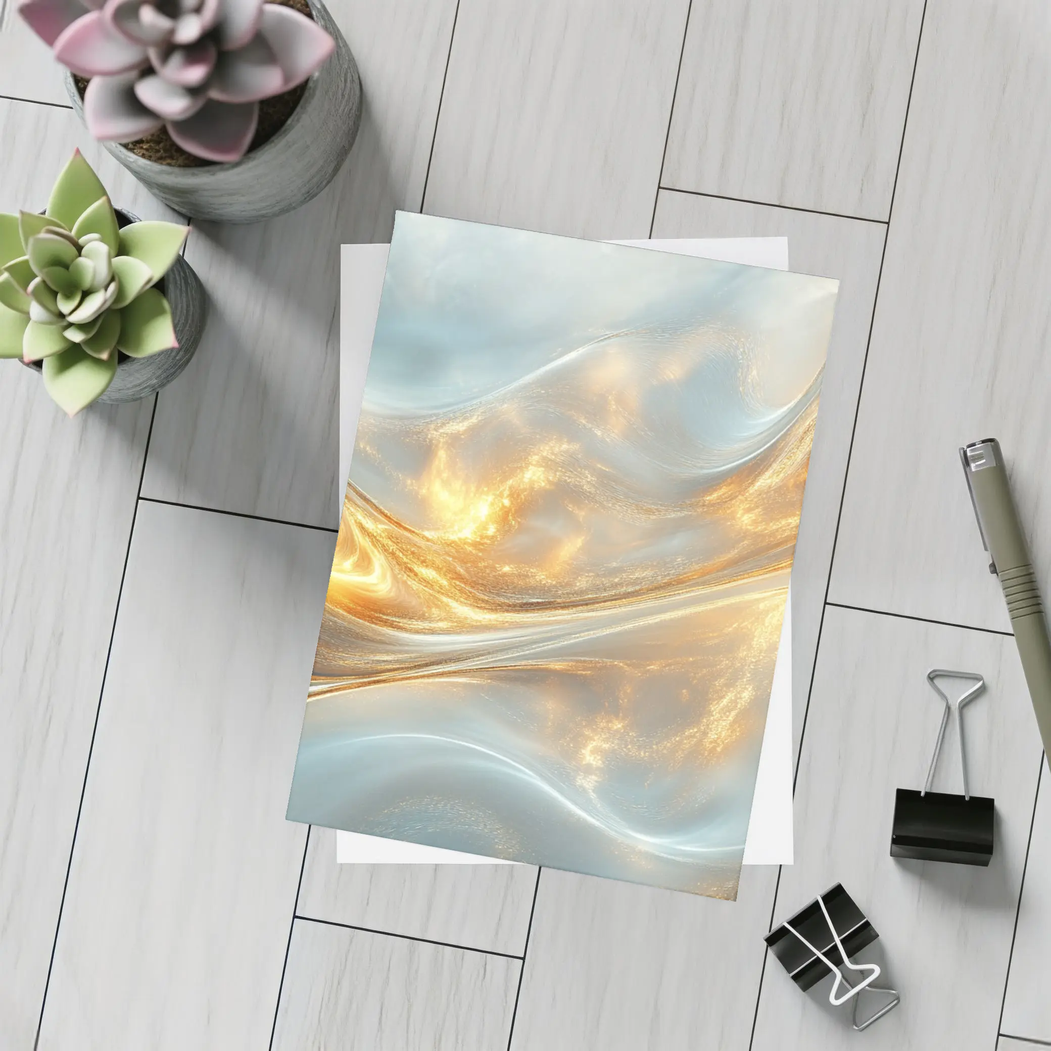 Gold and White Abstract Flowing Waves Art – Postcards