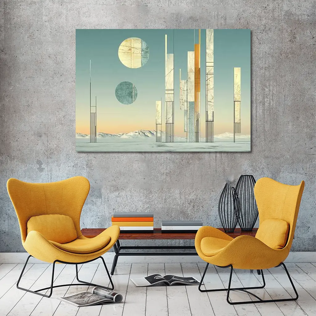 Abstract Geometric Towers Snowy Winter Landscape – Wall Art