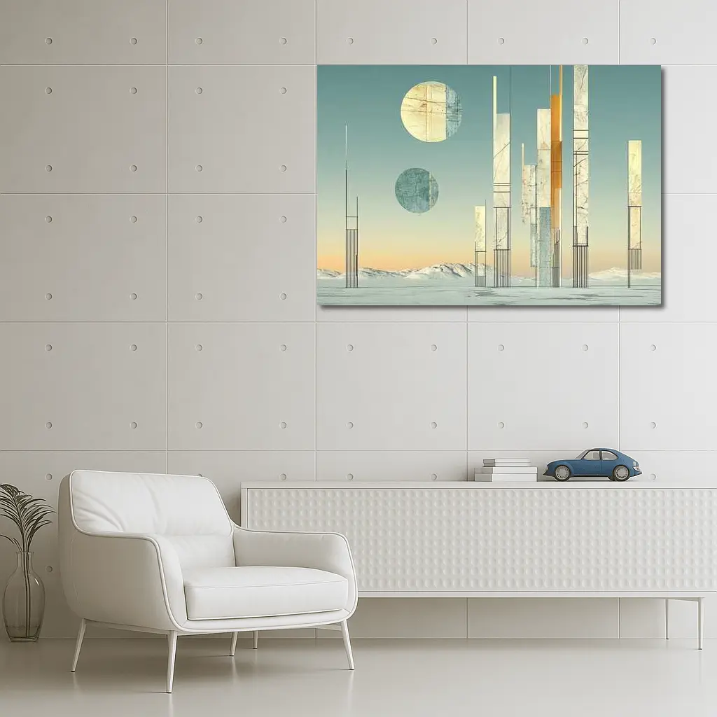 Abstract Geometric Towers Snowy Winter Landscape – Wall Art