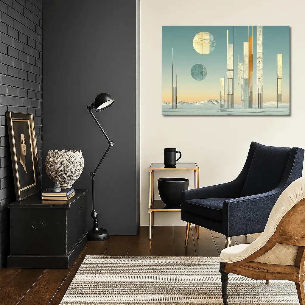 Abstract Geometric Towers Snowy Winter Landscape – Wall Art