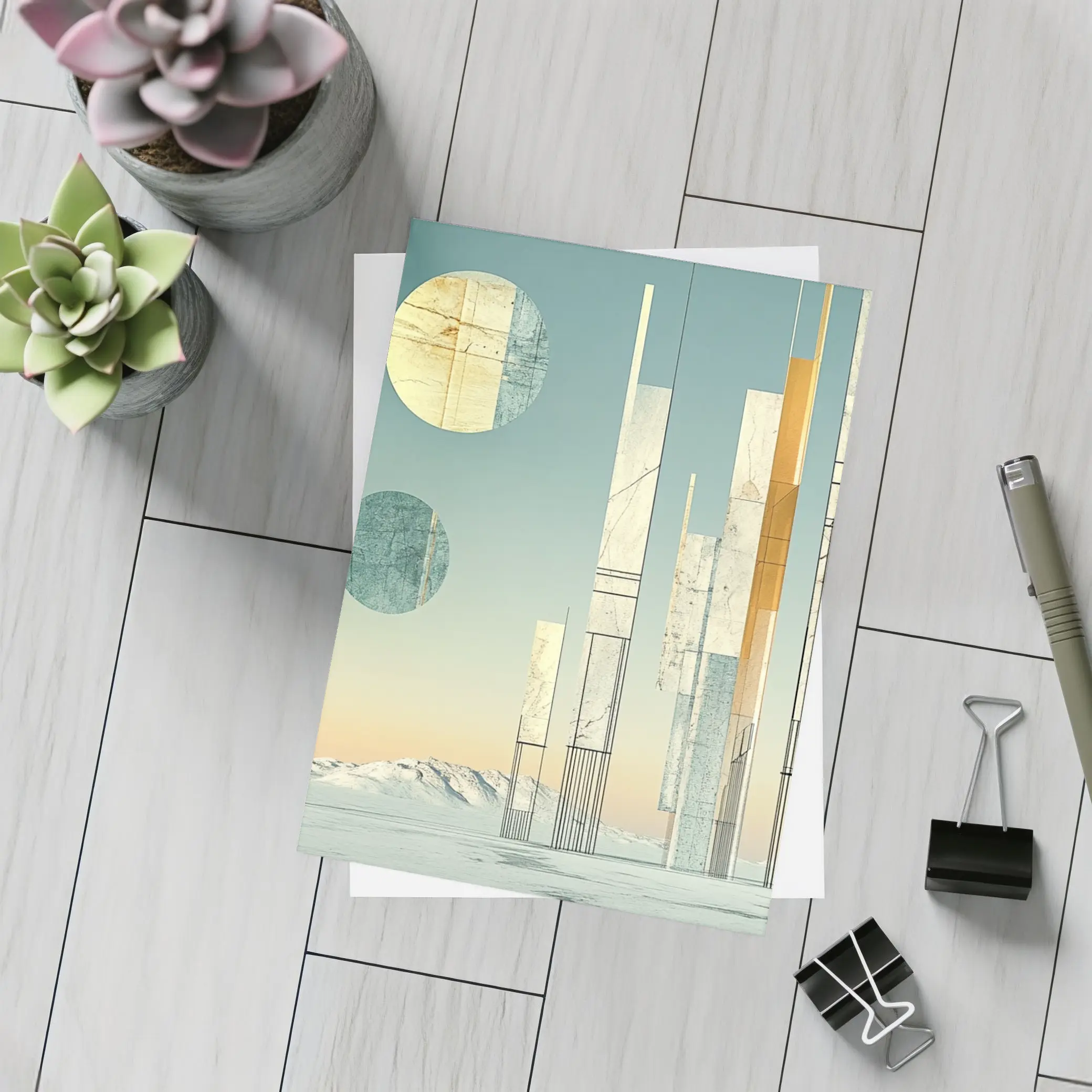 Abstract Geometric Towers Snowy Winter Landscape – Postcards