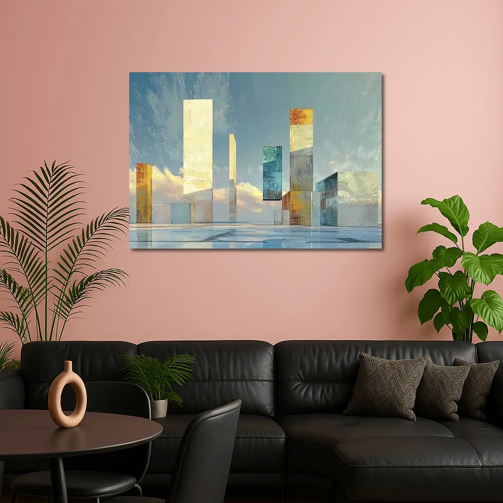 Abstract Geometric Towers Against Cloudy Sky – Wall Art