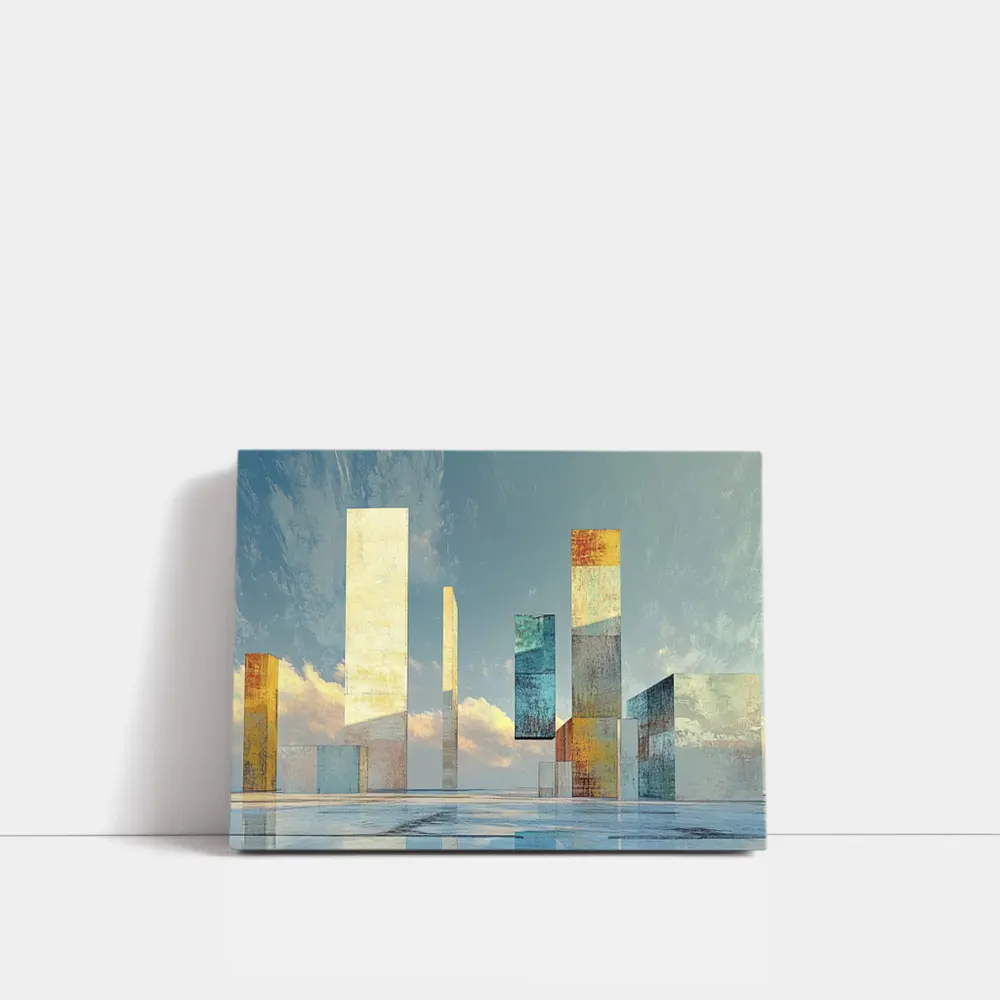 Abstract Geometric Towers Against Cloudy Sky – Wall Art