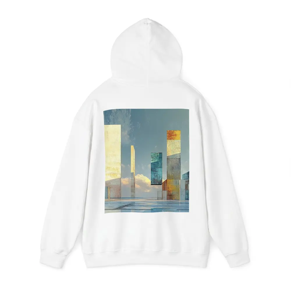 Abstract Geometric Towers Against Cloudy Sky – Hoodies