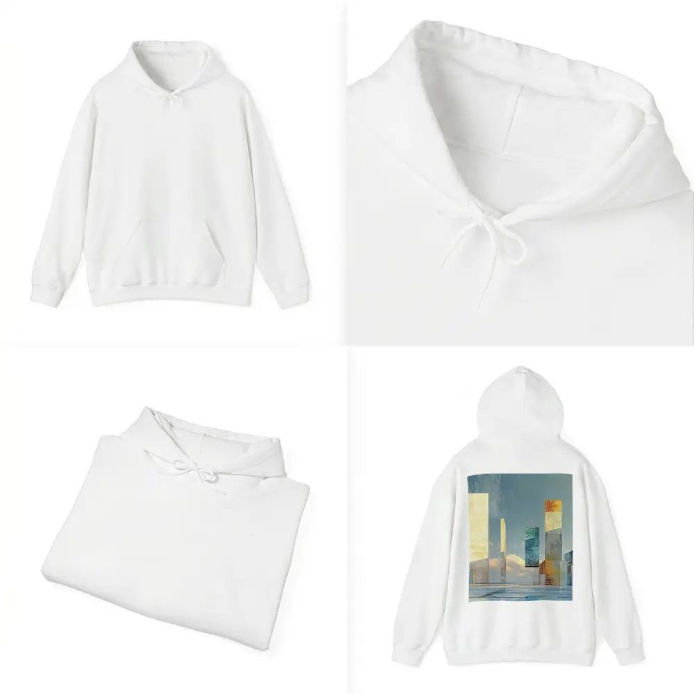 Abstract Geometric Towers Against Cloudy Sky – Hoodies