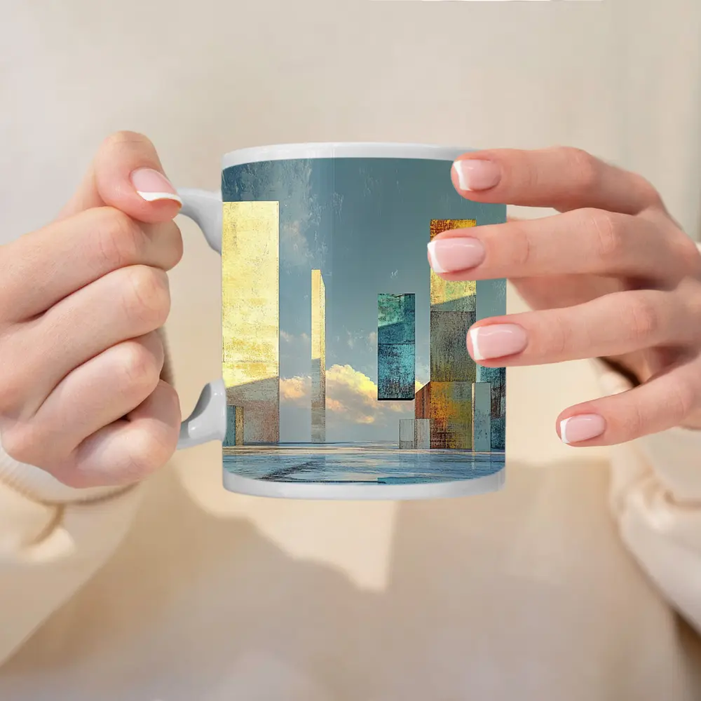 Abstract Geometric Towers Against Cloudy Sky – Mugs