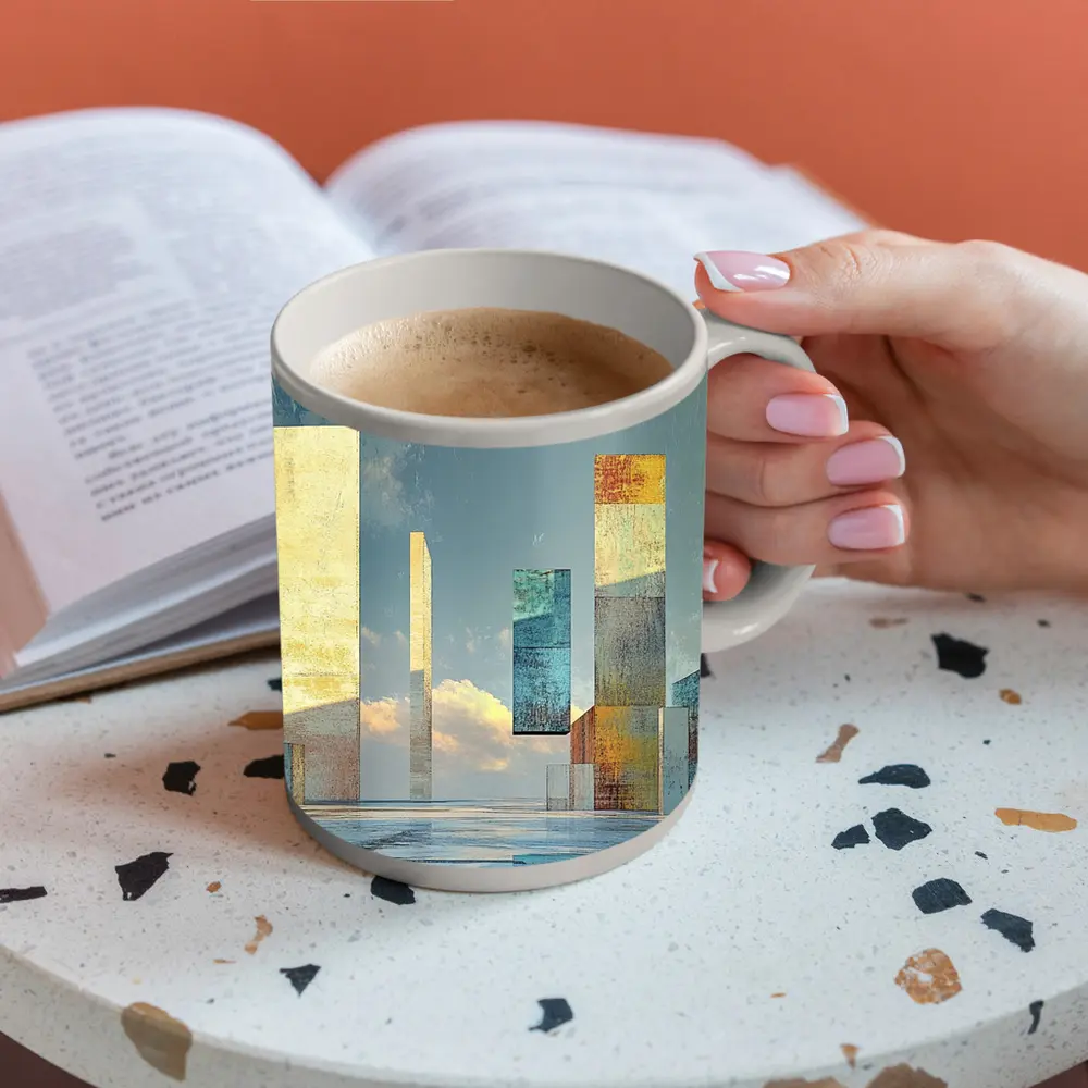Abstract Geometric Towers Against Cloudy Sky – Mugs