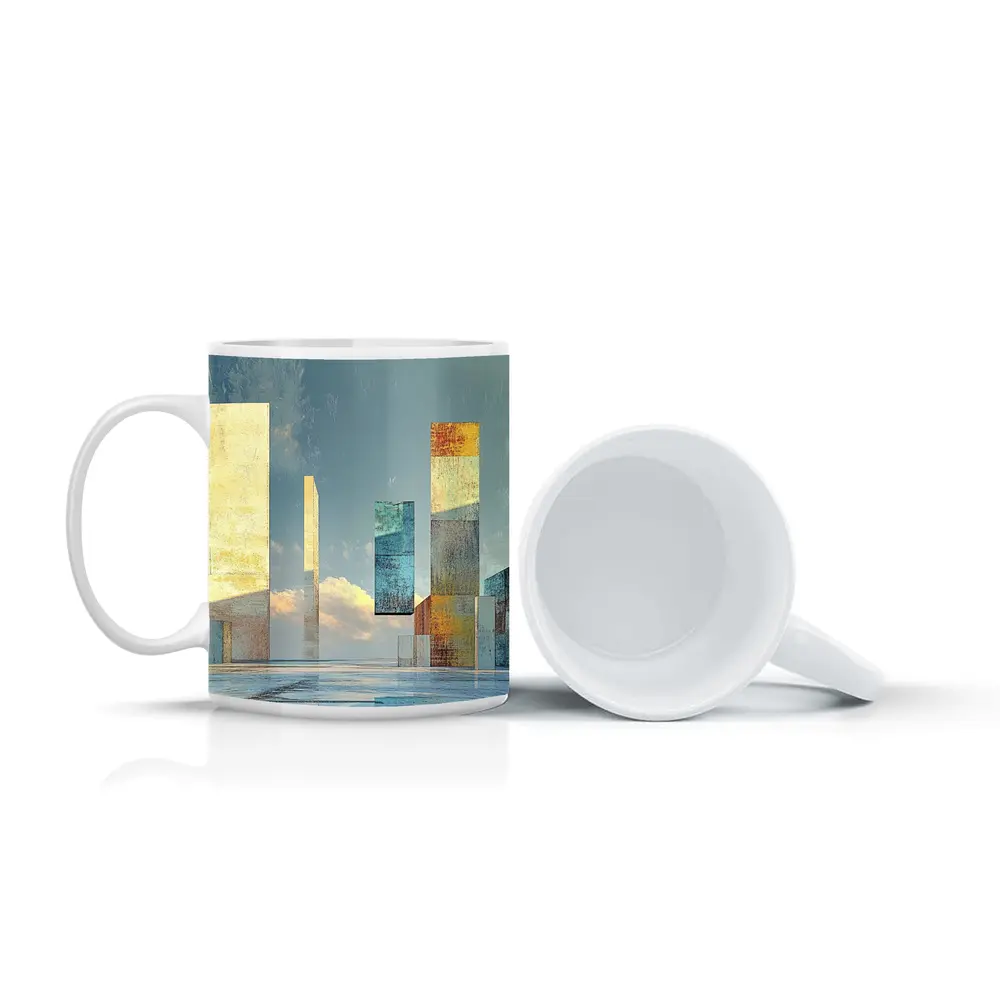 Abstract Geometric Towers Against Cloudy Sky – Mugs