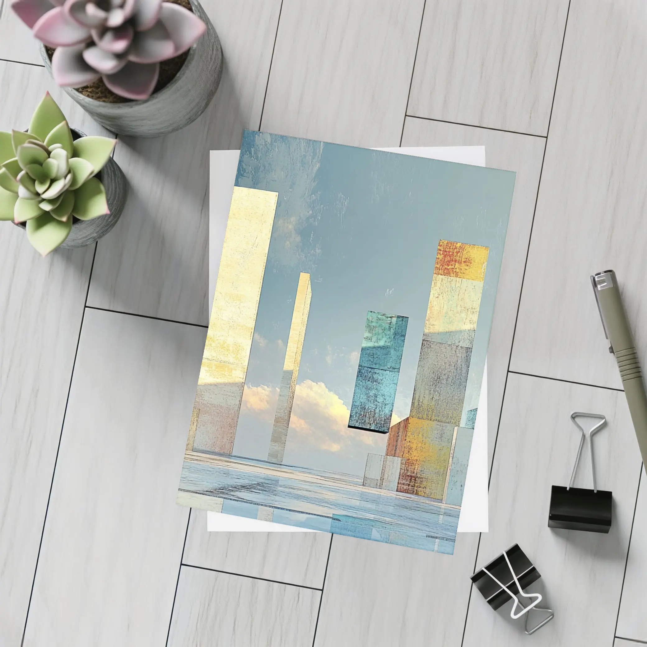 Abstract Geometric Towers Against Cloudy Sky – Postcards