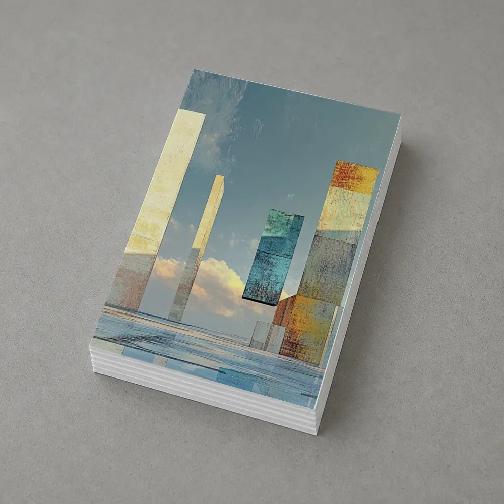 Abstract Geometric Towers Against Cloudy Sky – Postcards