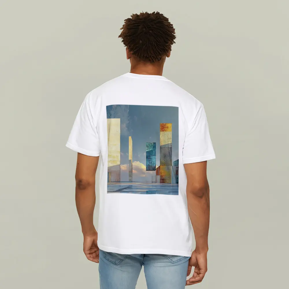 Abstract Geometric Towers Against Cloudy Sky – T-Shirts