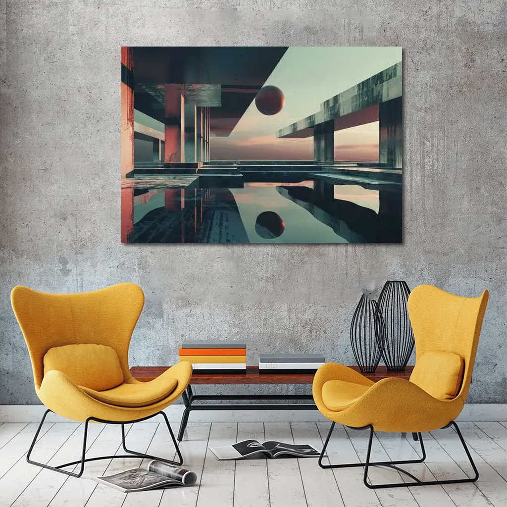 Brutalist Architecture Floating Sphere Surreal Scene – Wall Art