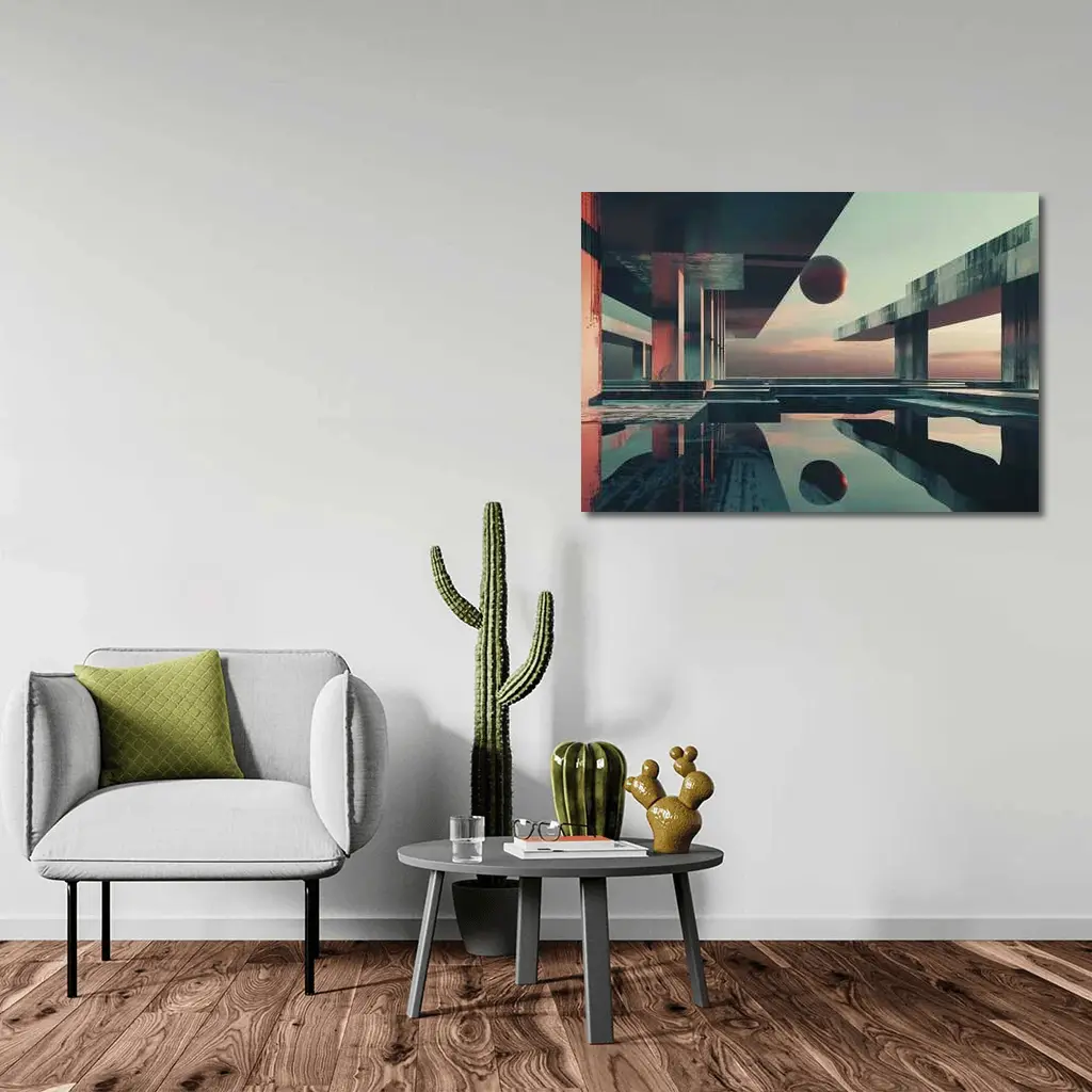 Brutalist Architecture Floating Sphere Surreal Scene – Wall Art