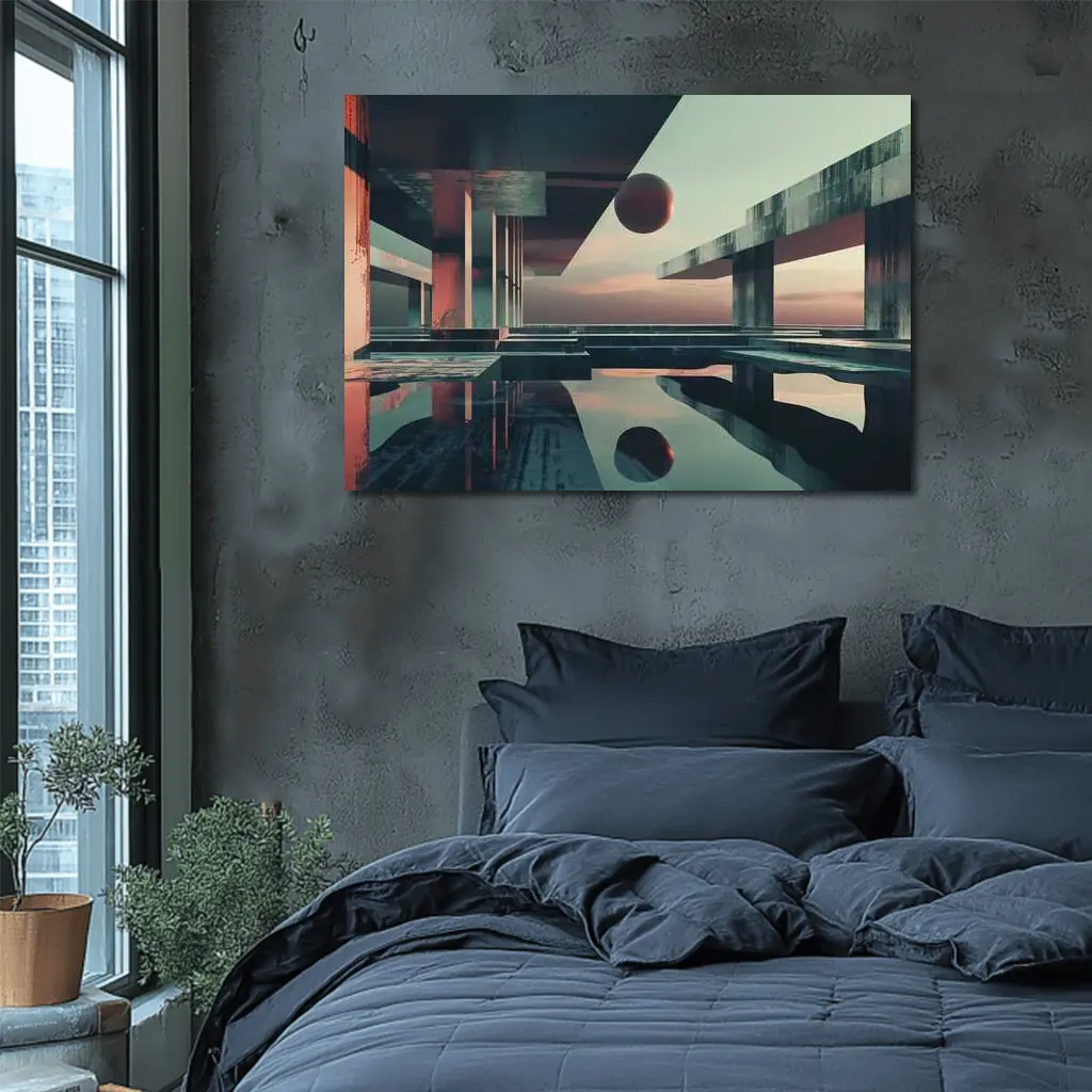 Brutalist Architecture Floating Sphere Surreal Scene – Wall Art