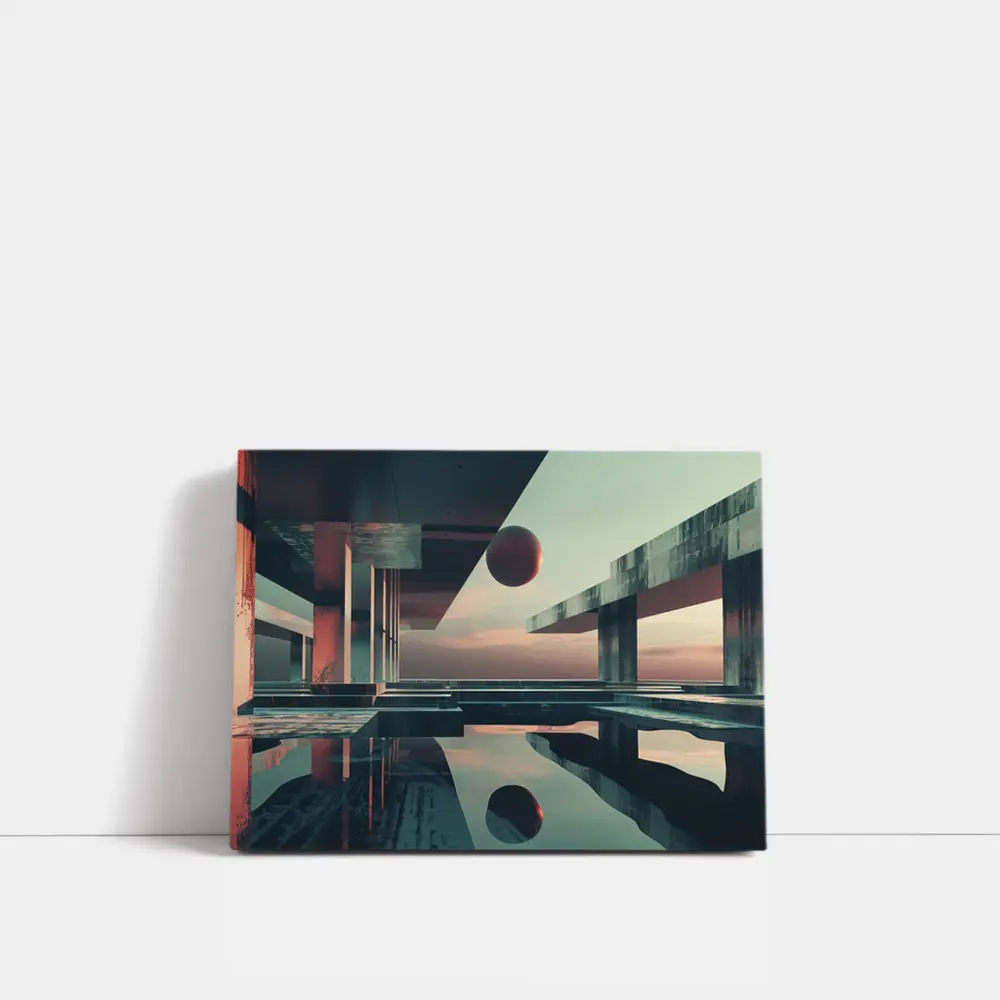 Brutalist Architecture Floating Sphere Surreal Scene – Wall Art