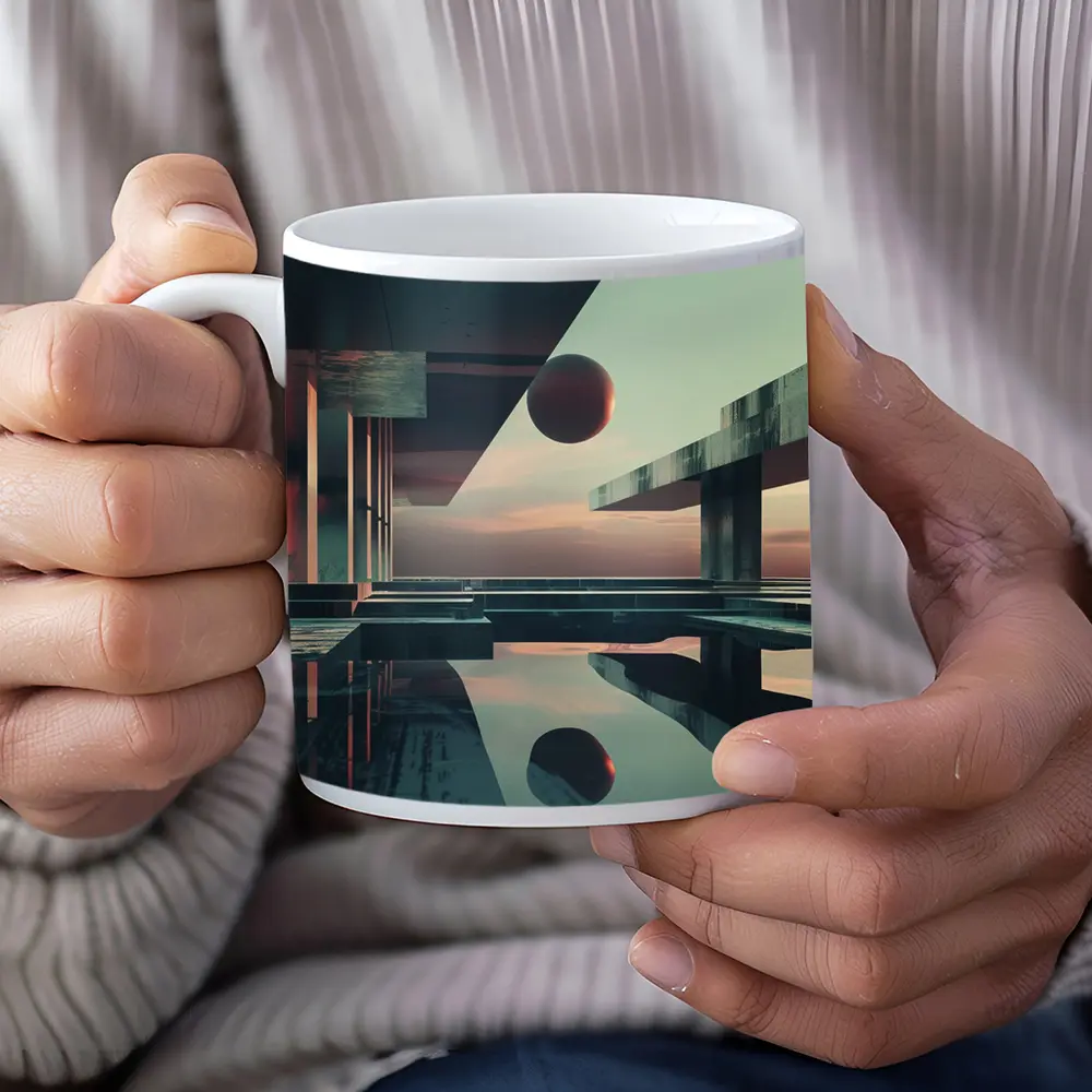 Brutalist Architecture Floating Sphere Surreal Scene – Mugs