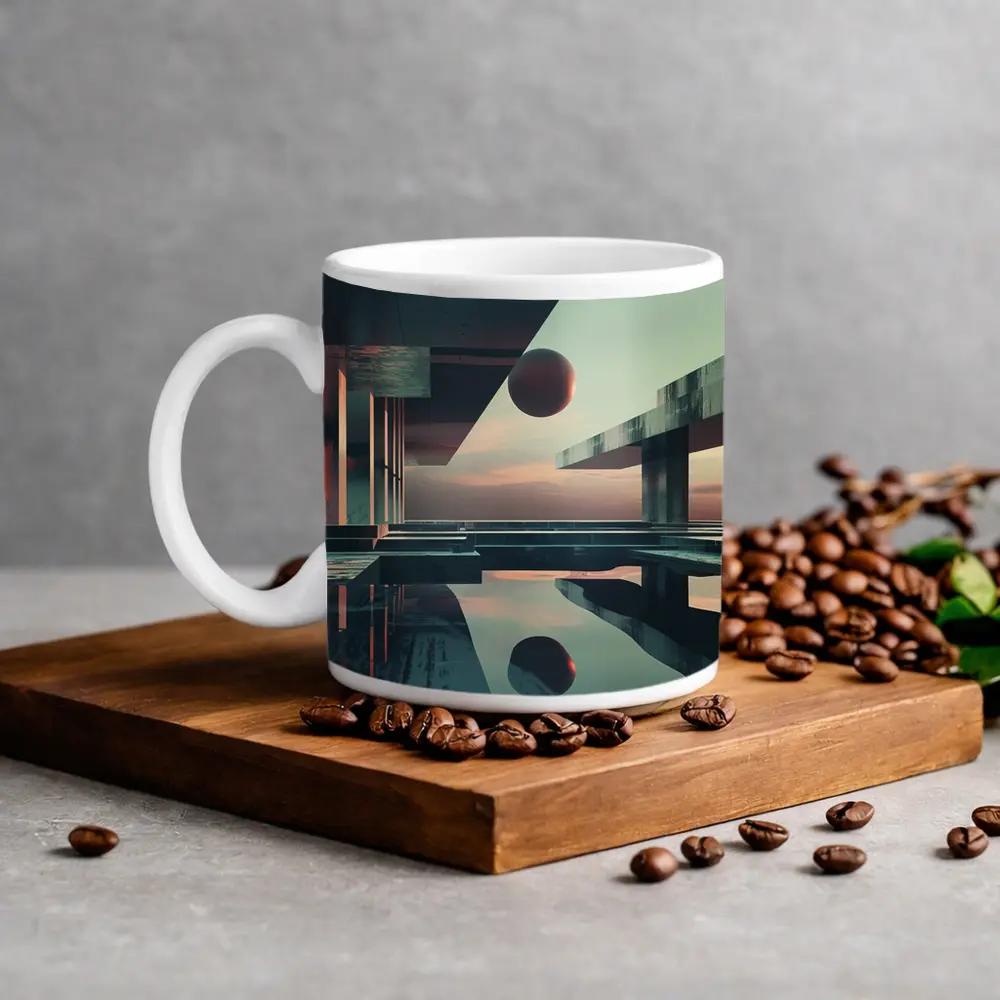 Brutalist Architecture Floating Sphere Surreal Scene – Mugs
