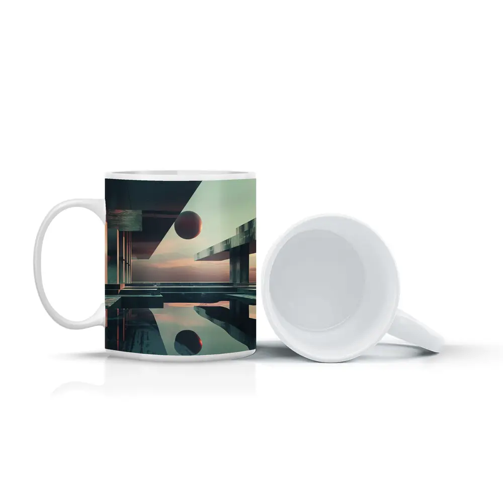 Brutalist Architecture Floating Sphere Surreal Scene – Mugs