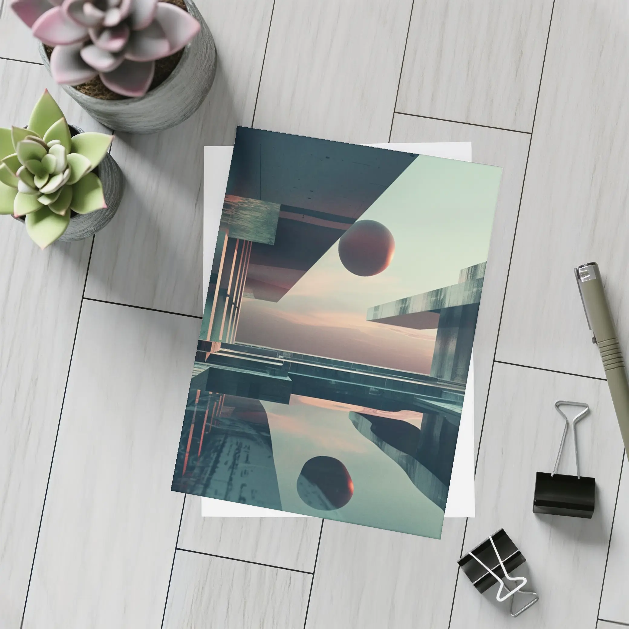 Brutalist Architecture Floating Sphere Surreal Scene – Postcards