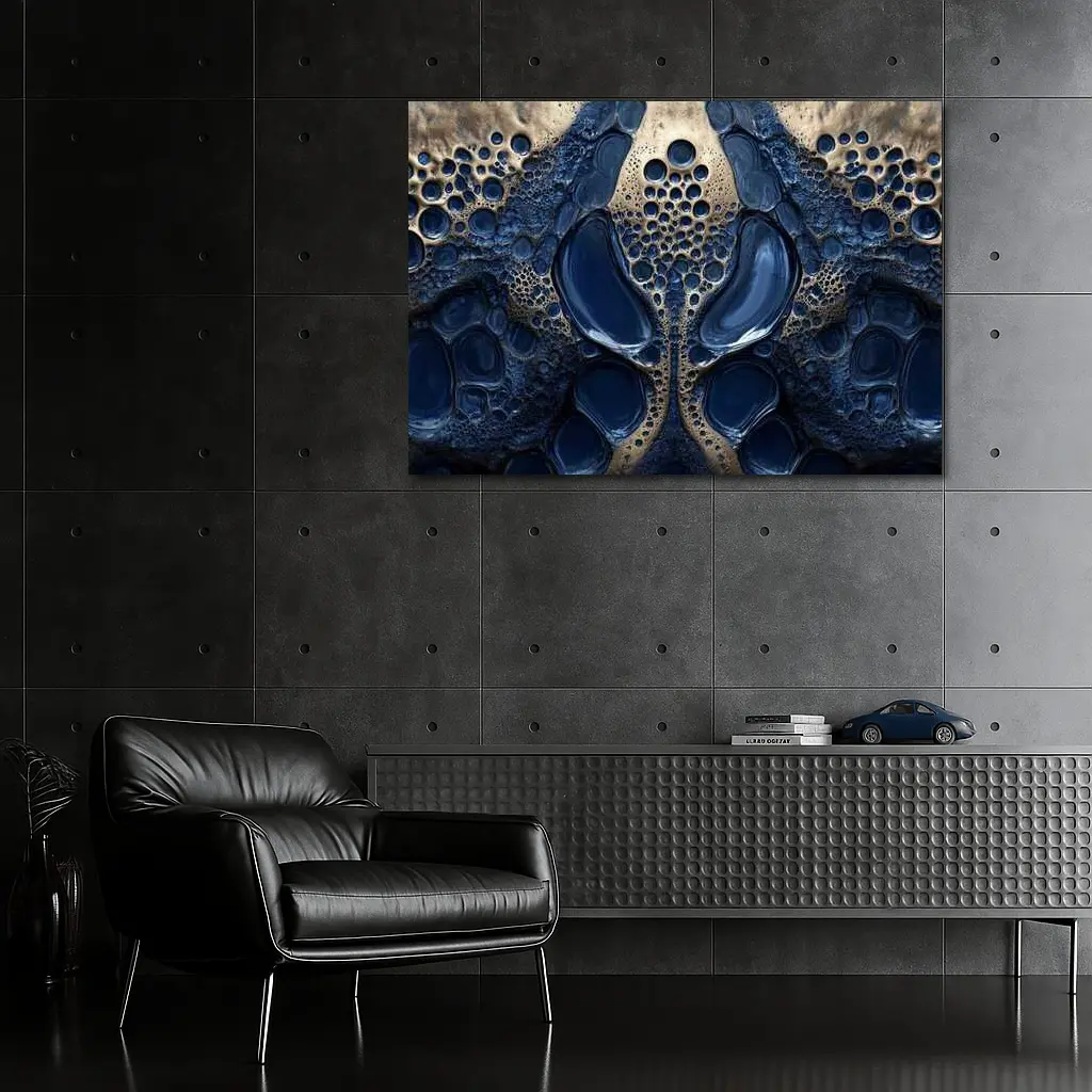 Deep Blue Abstract Gold Bubble Organic Pattern – Wall Art