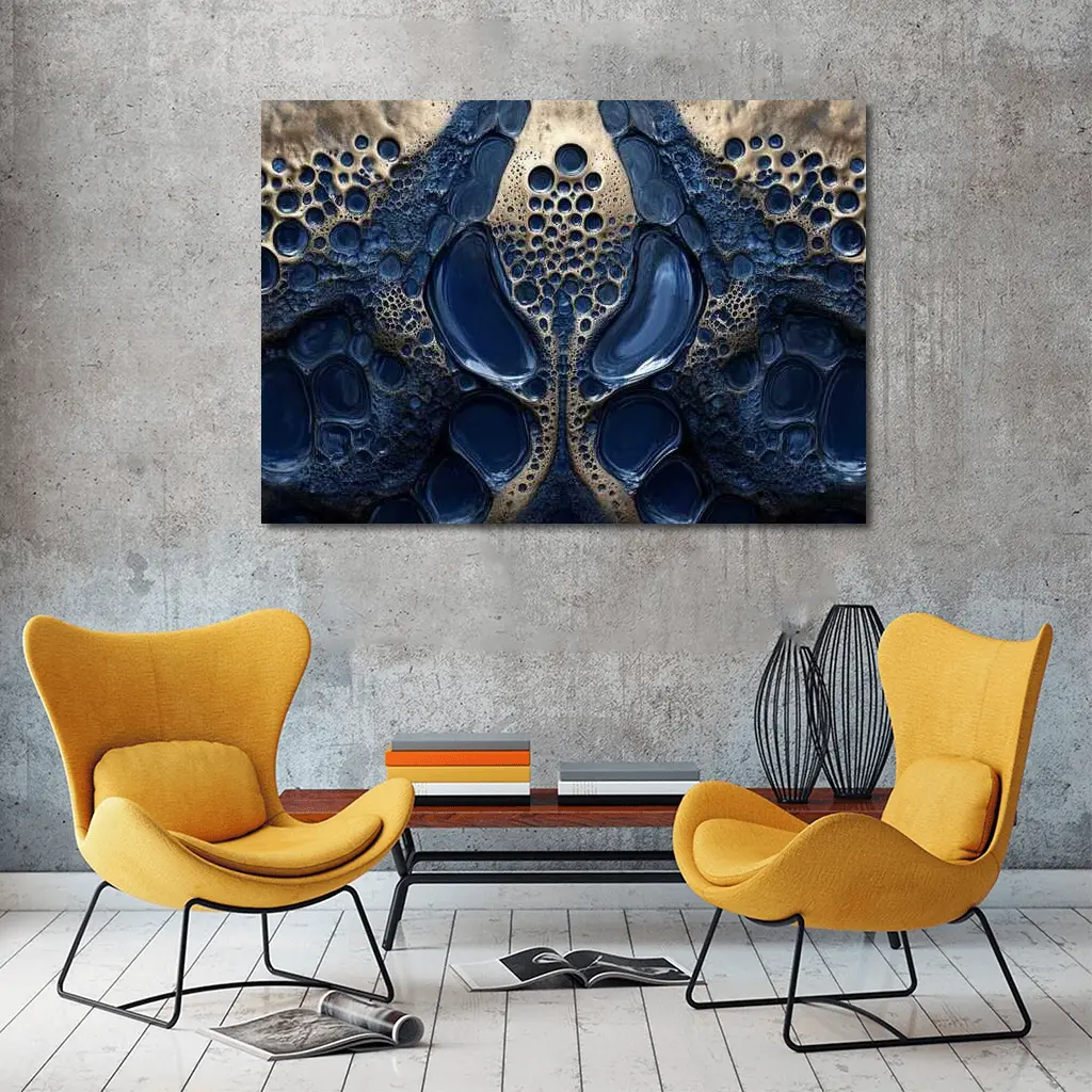 Deep Blue Abstract Gold Bubble Organic Pattern – Wall Art