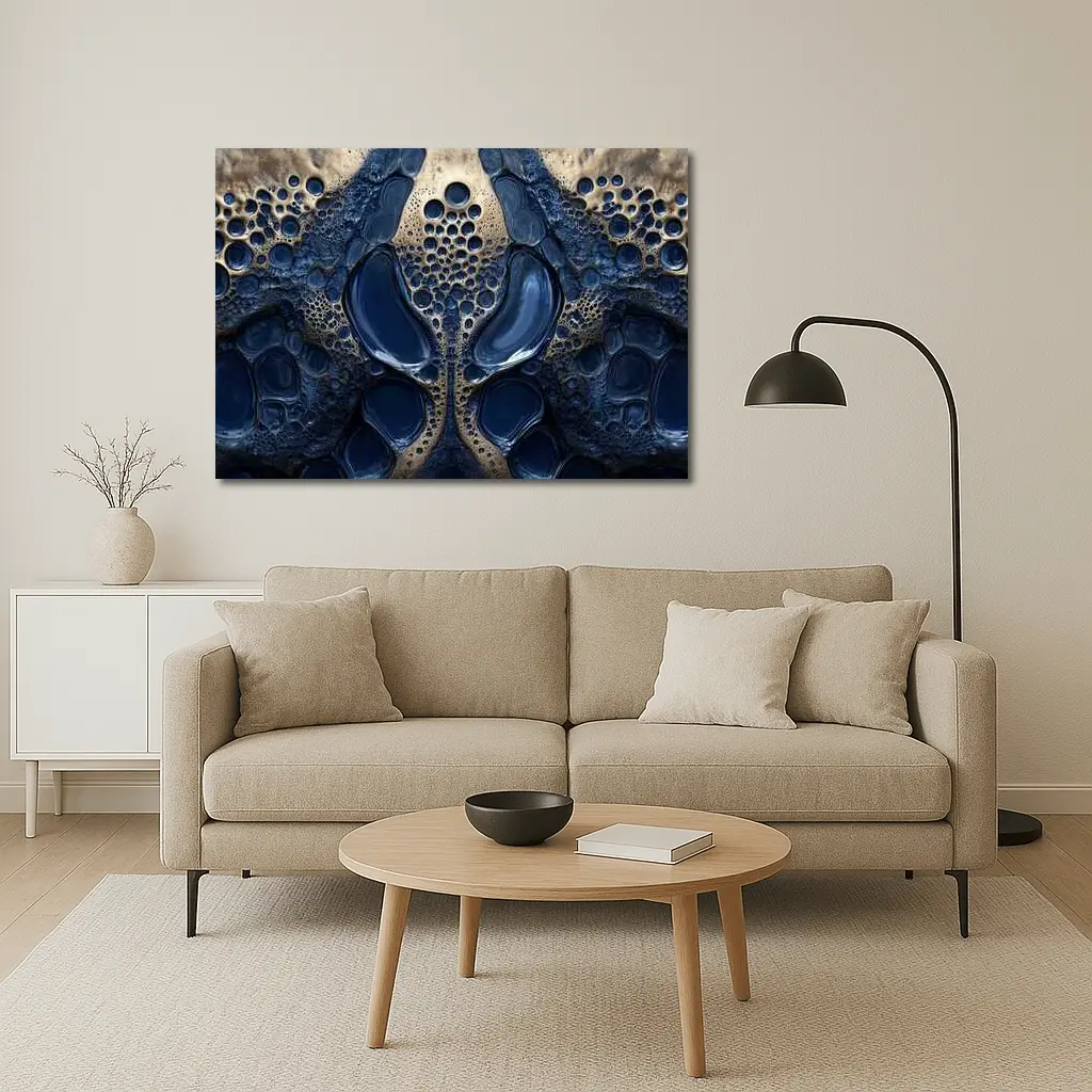 Deep Blue Abstract Gold Bubble Organic Pattern – Wall Art