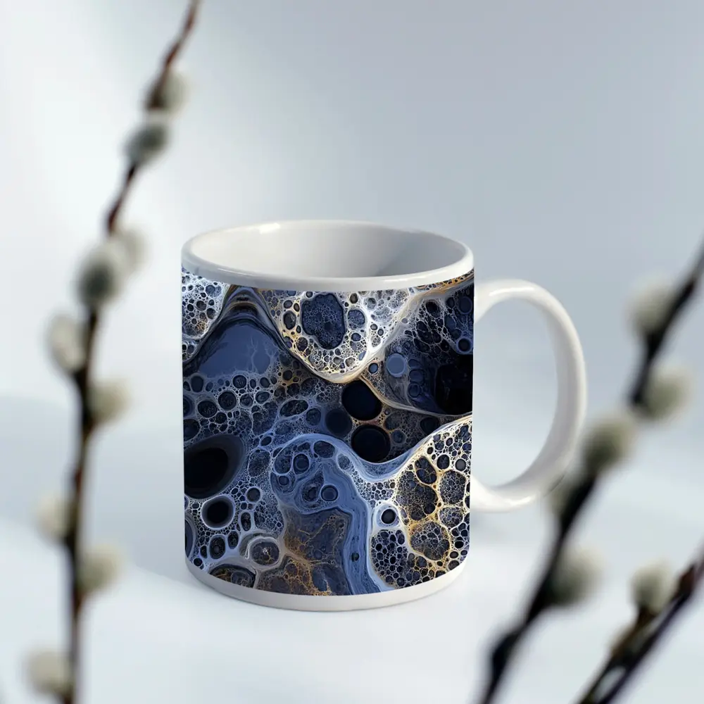 Dark Blue Abstract Fractal Bubble Pattern Art – Mugs