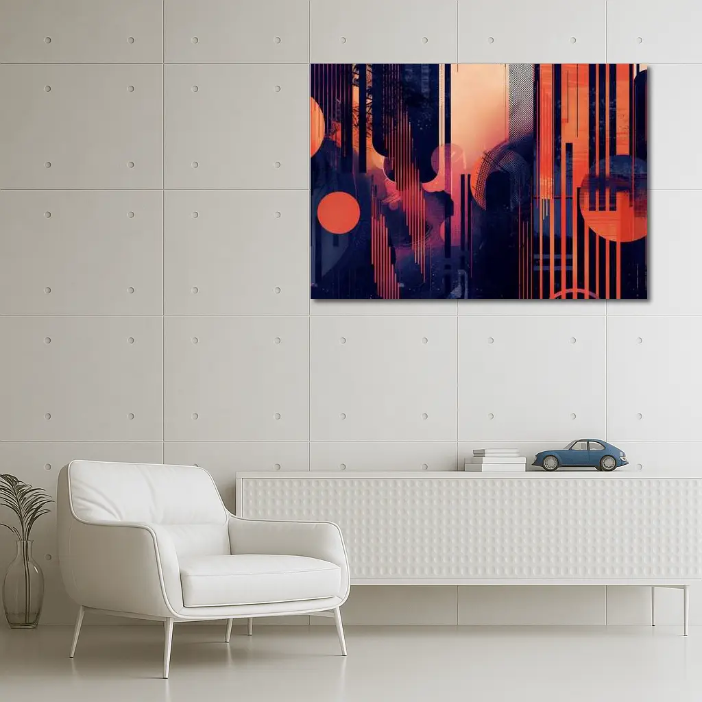 Abstract Coral Blue Geometric Urban Night – Wall Art