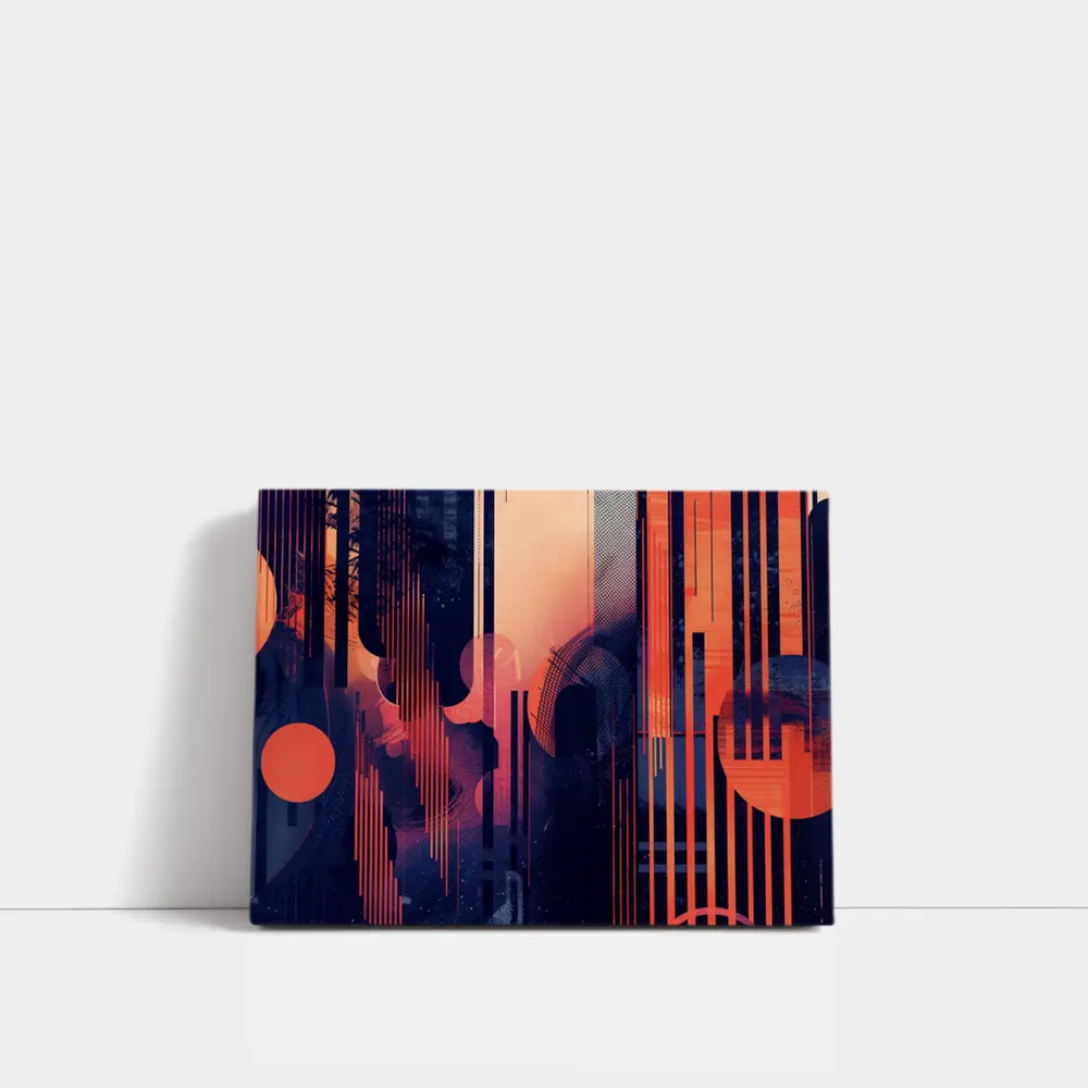 Abstract Coral Blue Geometric Urban Night – Wall Art
