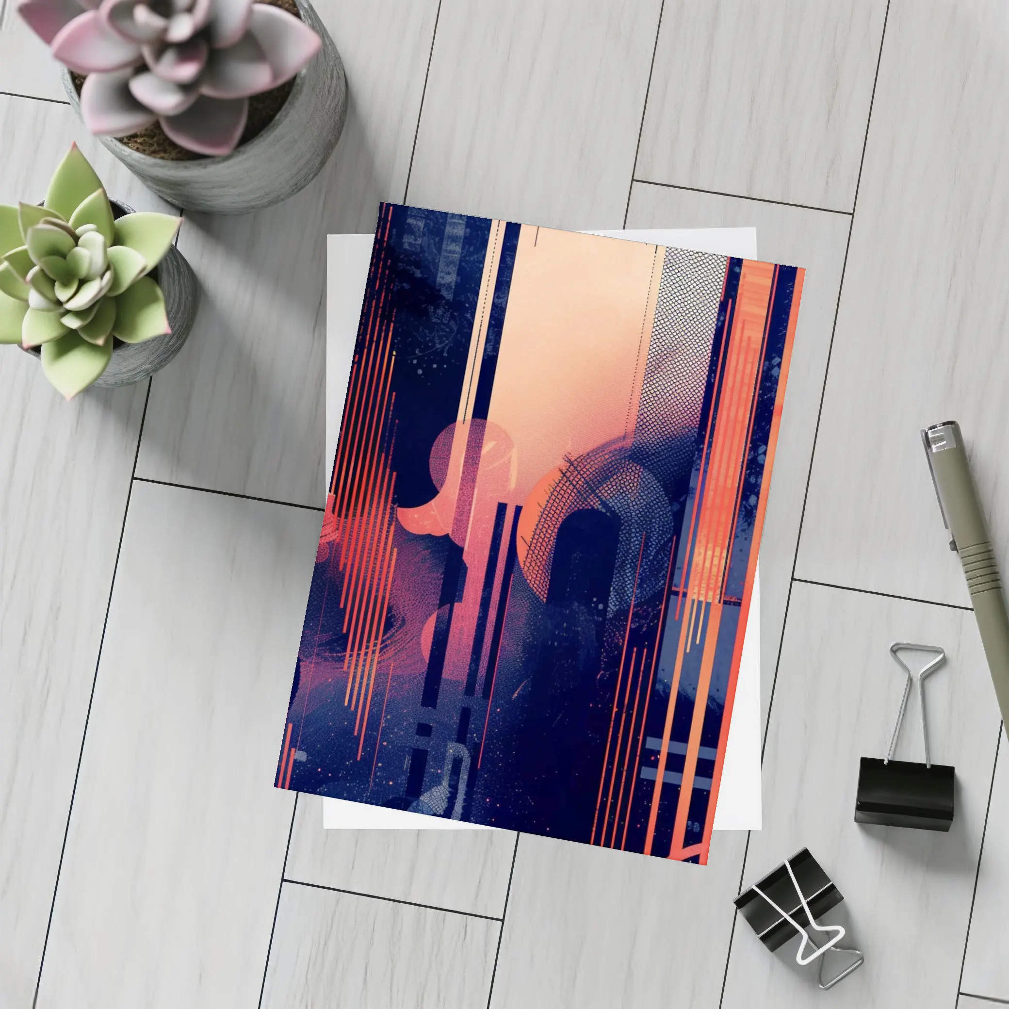 Abstract Coral Blue Geometric Urban Night – Postcards