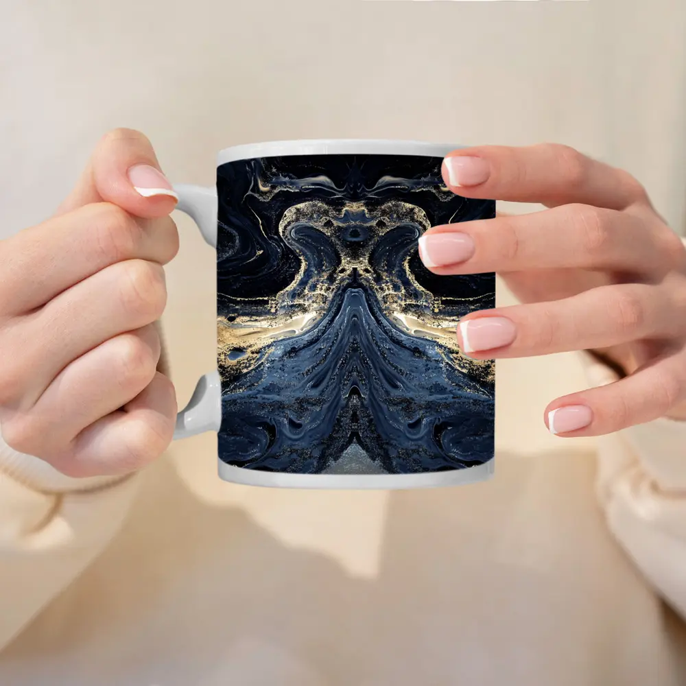 Dark Blue Gold Marble Abstract Fluid Art – Mugs