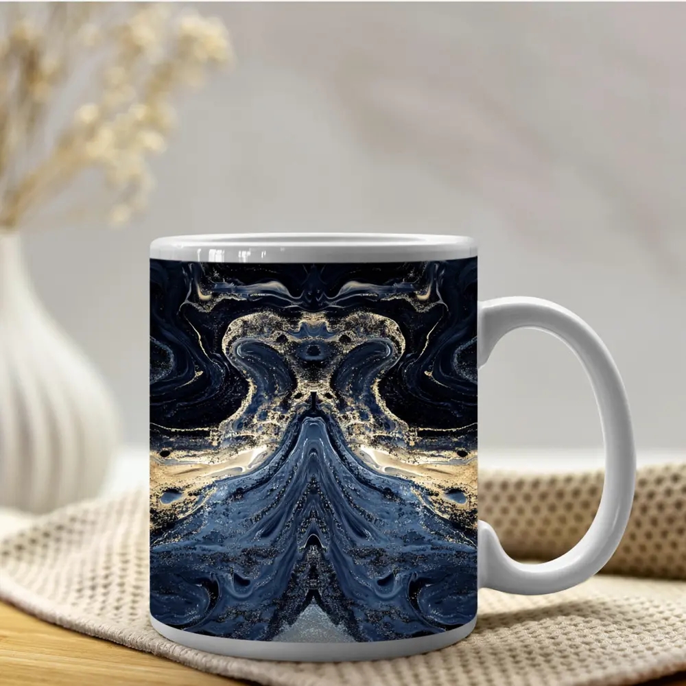 Dark Blue Gold Marble Abstract Fluid Art – Mugs