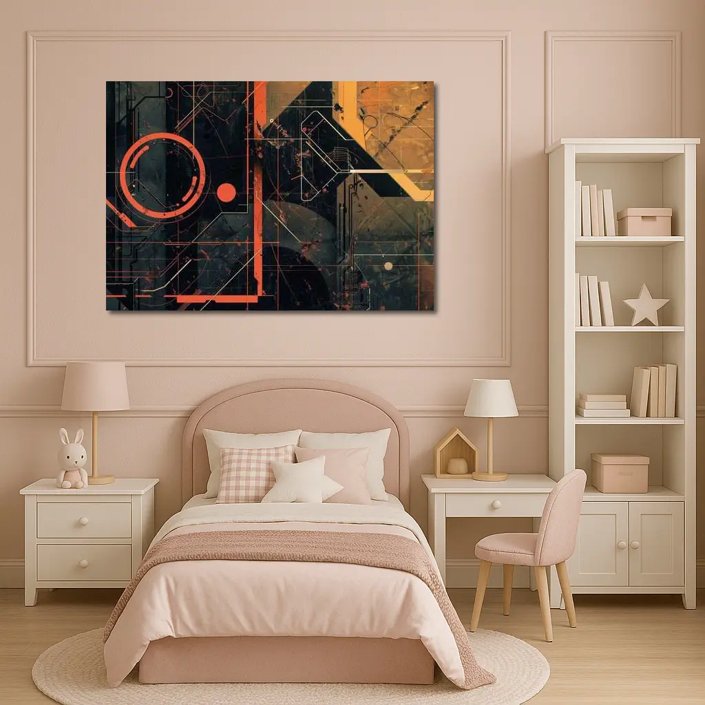 Dark Cyberpunk Circuit Grid Orange Abstract Art – Wall Art