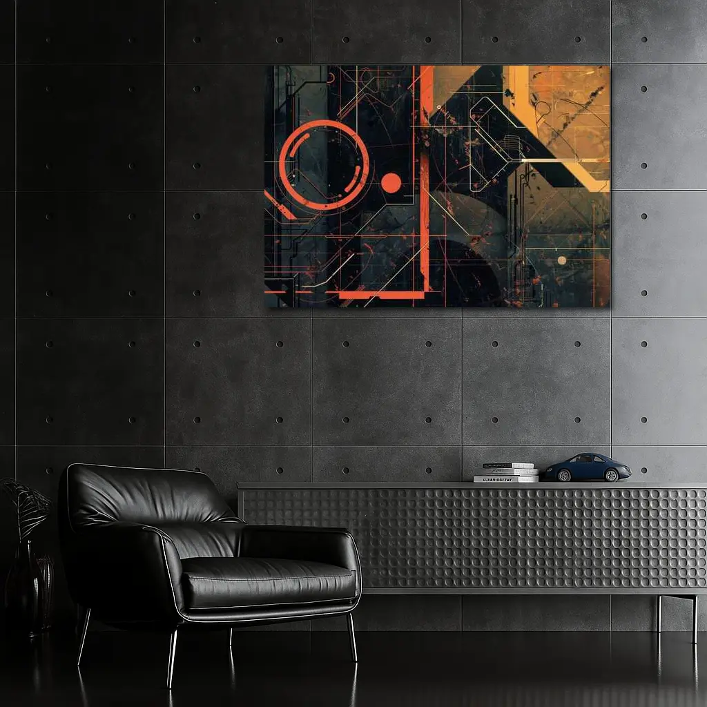 Dark Cyberpunk Circuit Grid Orange Abstract Art – Wall Art