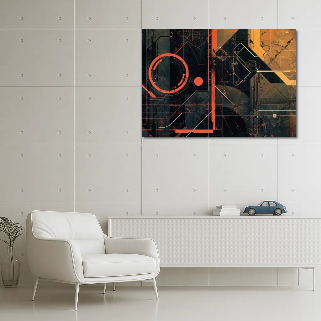 Dark Cyberpunk Circuit Grid Orange Abstract Art – Wall Art