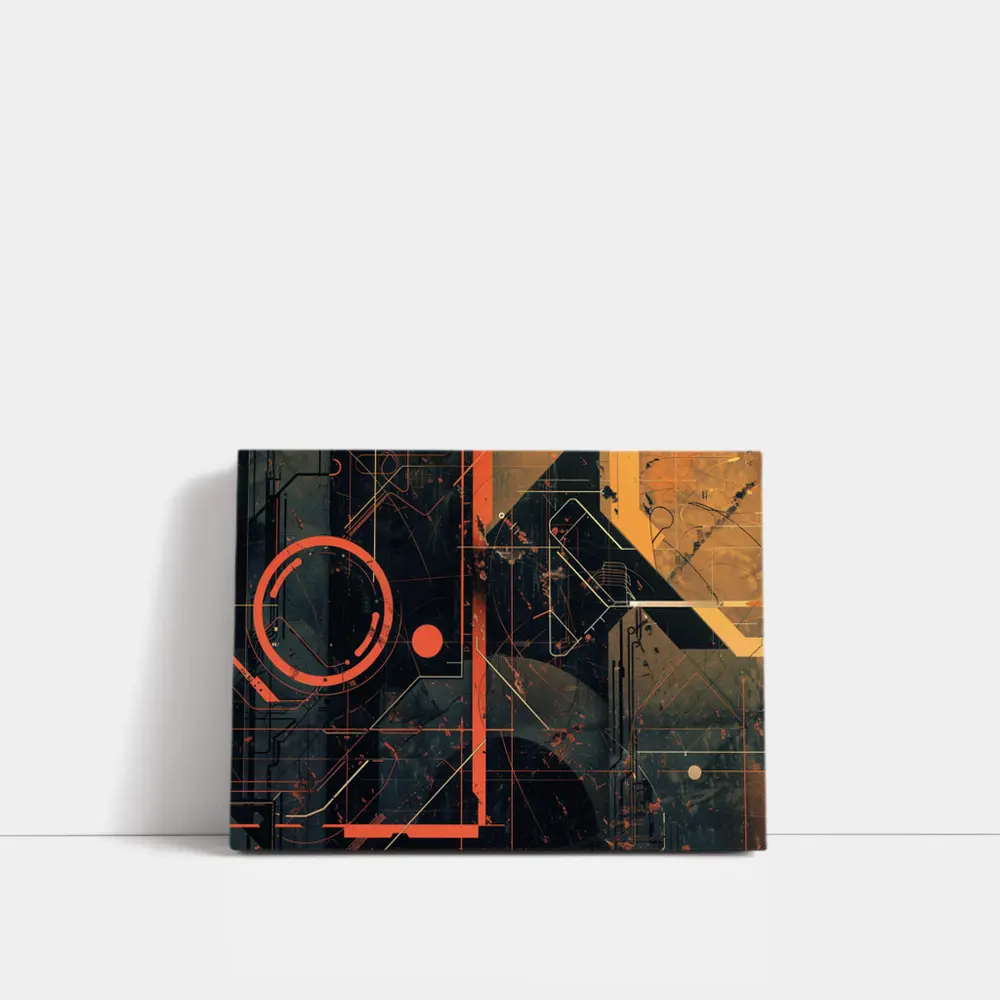 Dark Cyberpunk Circuit Grid Orange Abstract Art – Wall Art