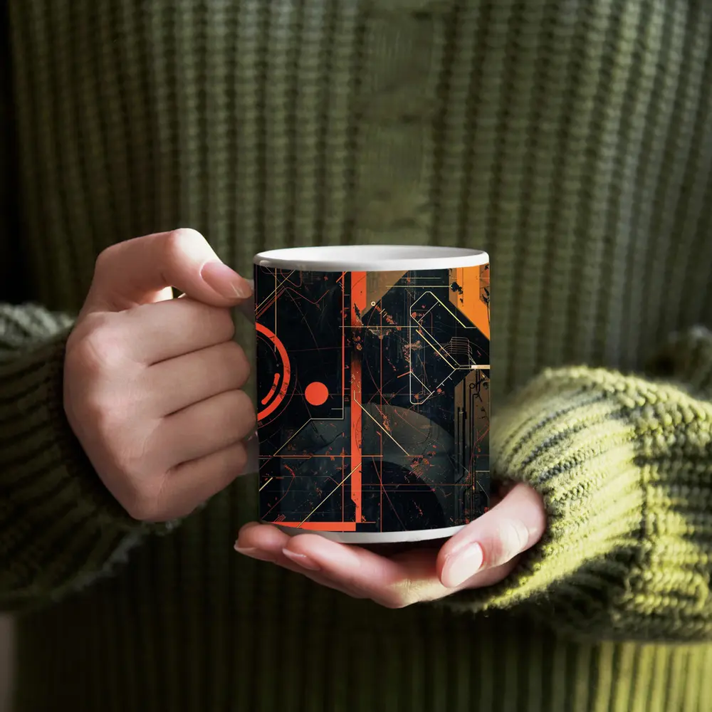 Dark Cyberpunk Circuit Grid Orange Abstract Art – Mugs
