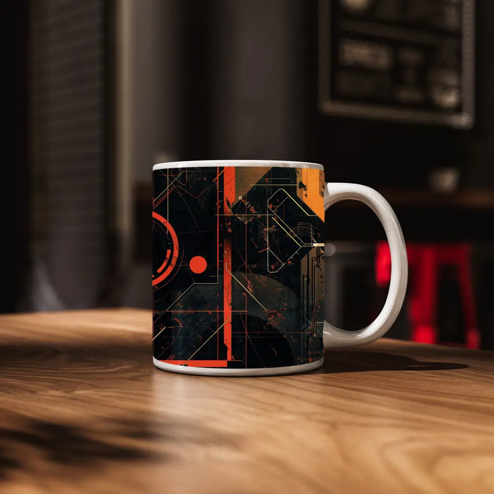 Dark Cyberpunk Circuit Grid Orange Abstract Art – Mugs