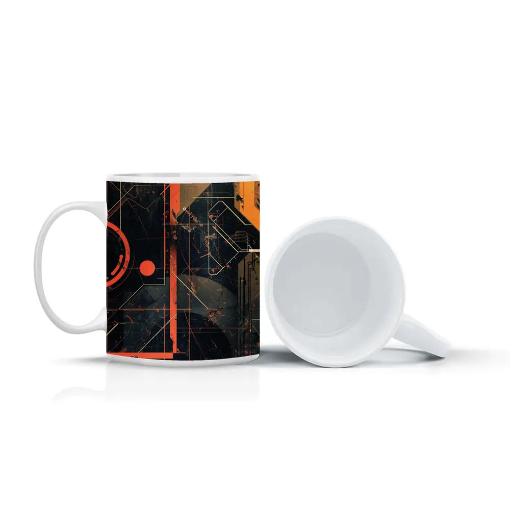 Dark Cyberpunk Circuit Grid Orange Abstract Art – Mugs