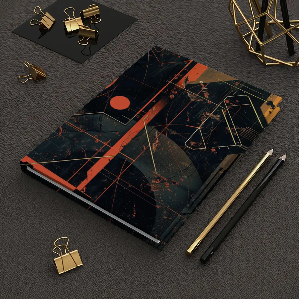 Dark Cyberpunk Circuit Grid Orange Abstract Art – Notebooks