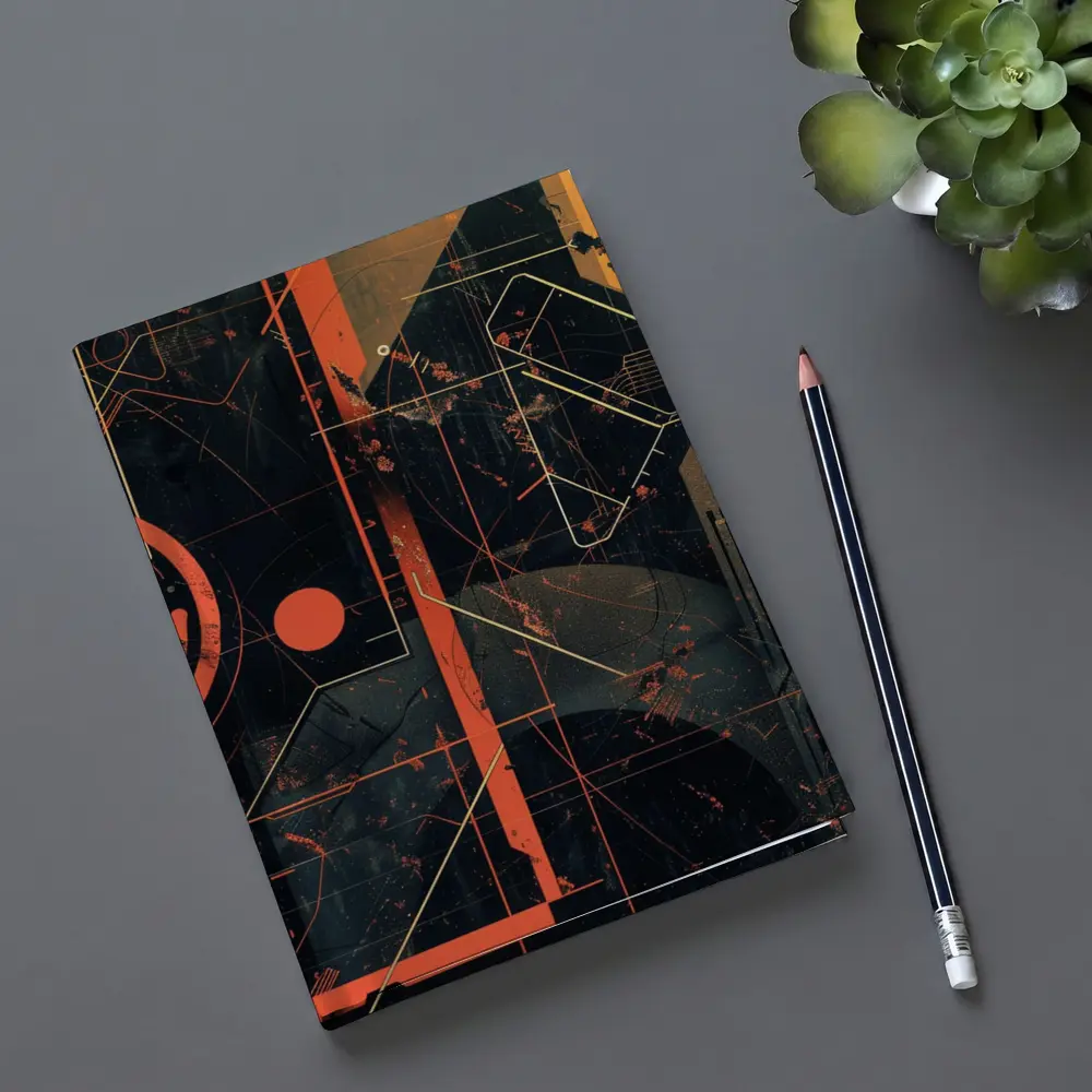 Dark Cyberpunk Circuit Grid Orange Abstract Art – Notebooks