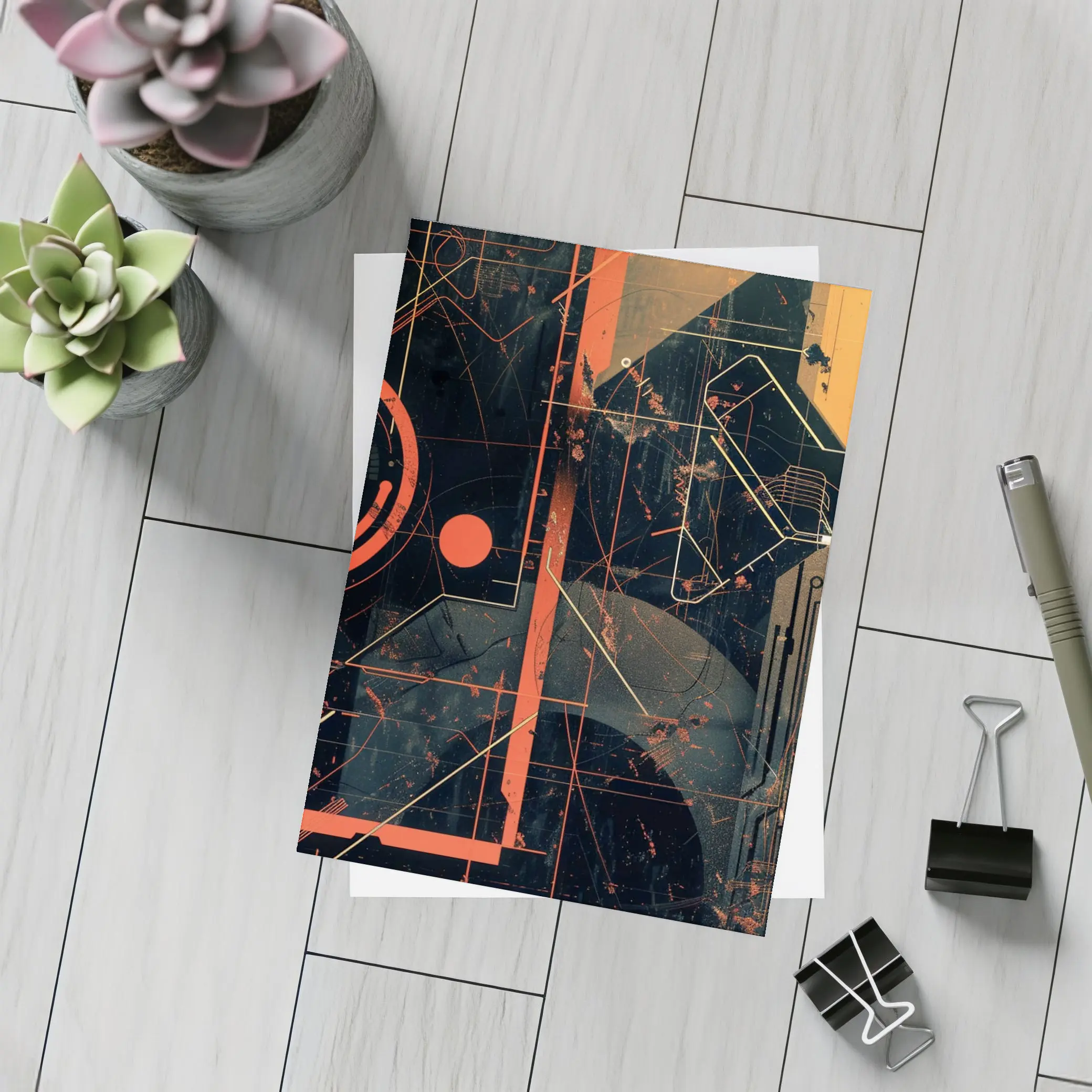 Dark Cyberpunk Circuit Grid Orange Abstract Art – Postcards