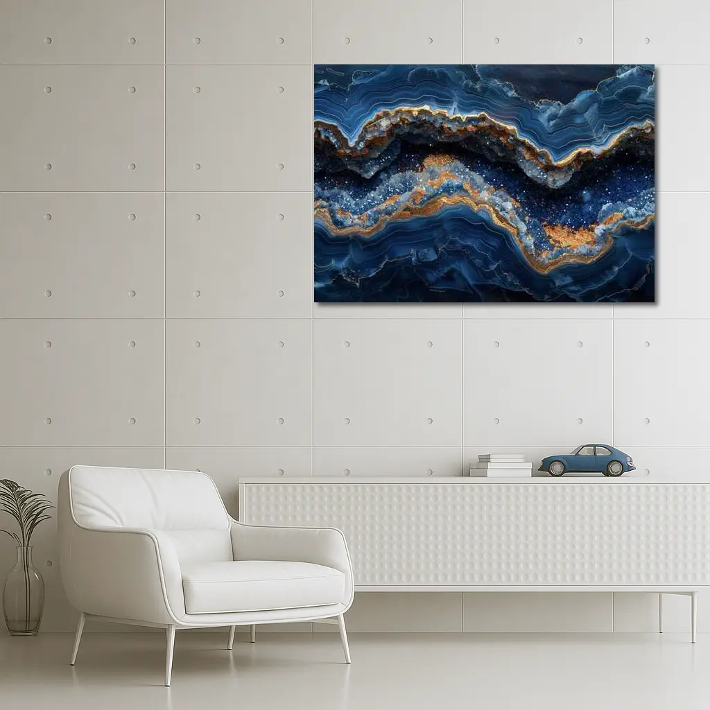 Deep Blue Geode Abstract Gold Wave Art – Wall Art
