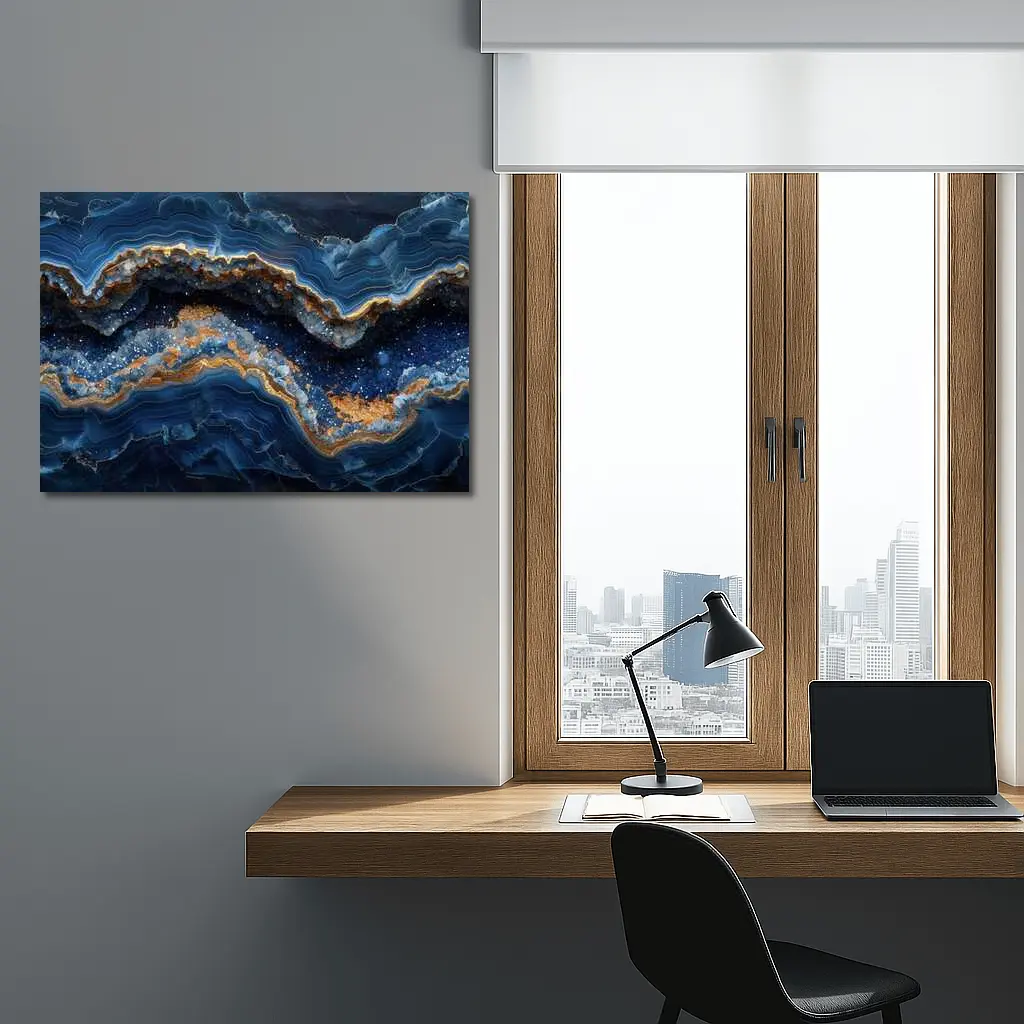 Deep Blue Geode Abstract Gold Wave Art – Wall Art